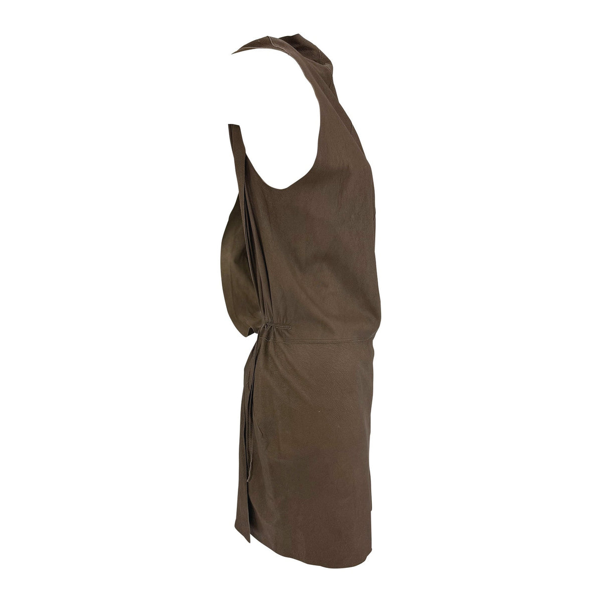 F/W 2002 Rick Owens "Sparrows" Brown Distressed Leather Wrap Backless Mini Dress - RealList