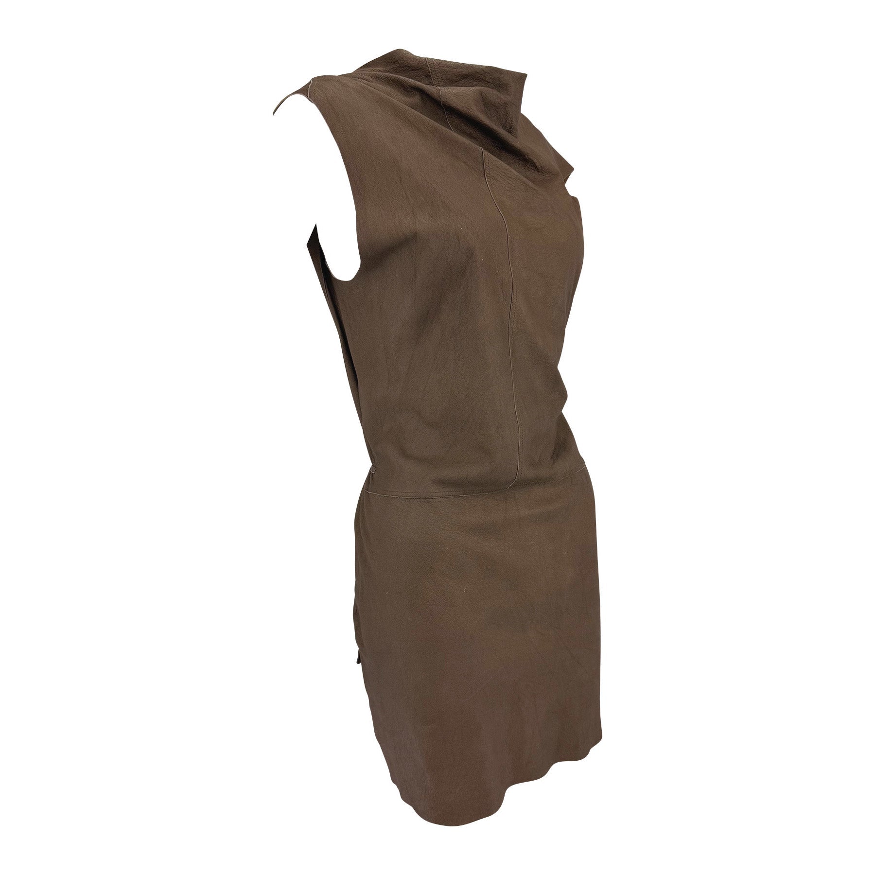 F/W 2002 Rick Owens "Sparrows" Brown Distressed Leather Wrap Backless Mini Dress - RealList