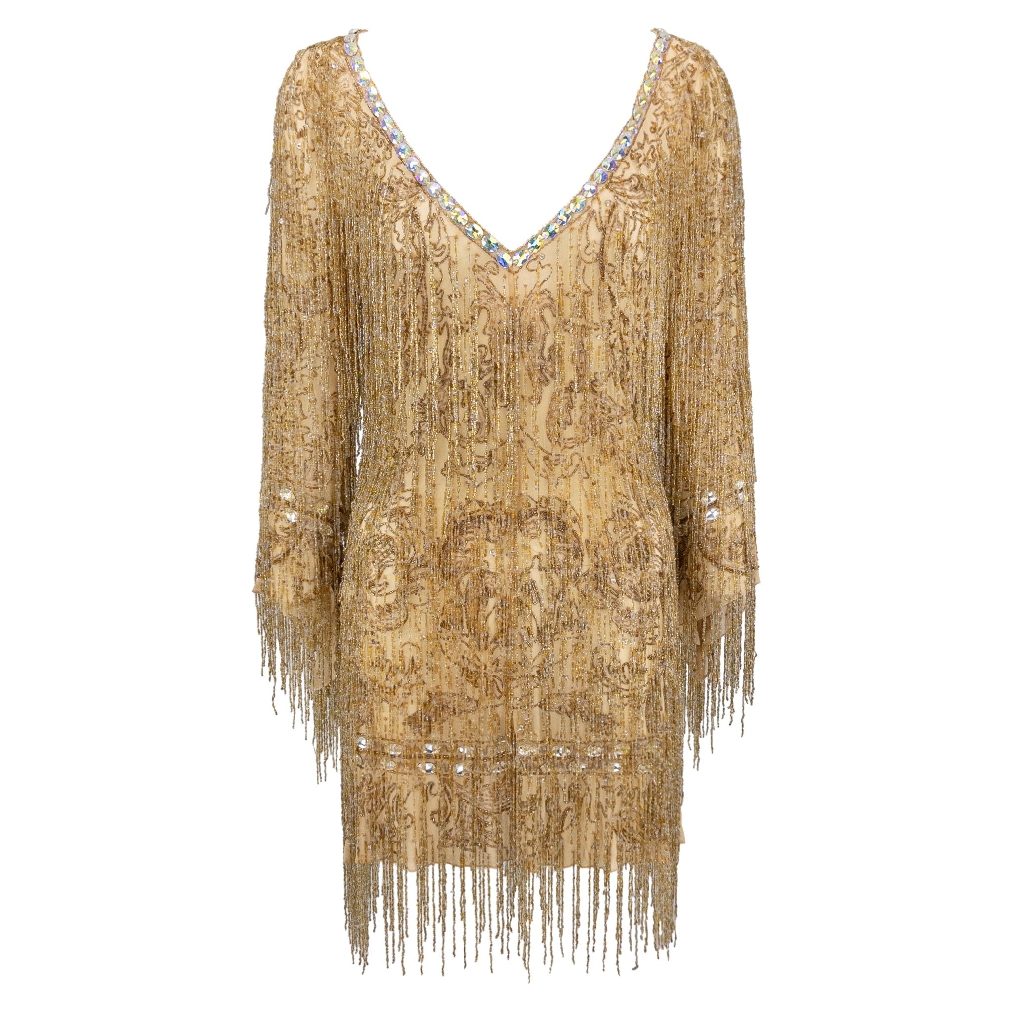 F/W 2002 Roberto Cavalli Runway Gold Beaded Fringe Beyoncé Mini Dress - RealList