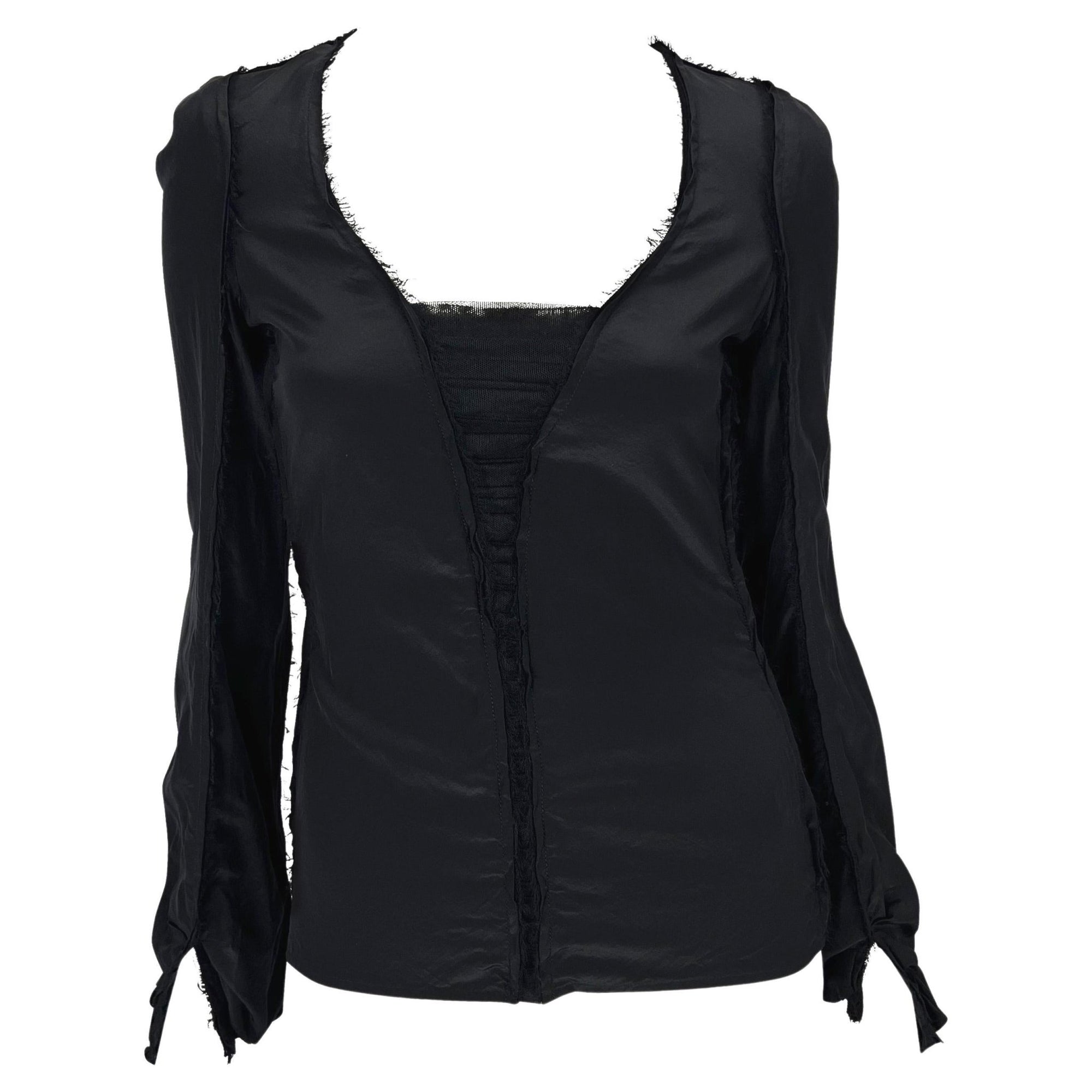 F/W 2002 Yves Saint Laurent by Tom Ford Black Raw - Edge Silk Sheer Plunge Blouse - RealList