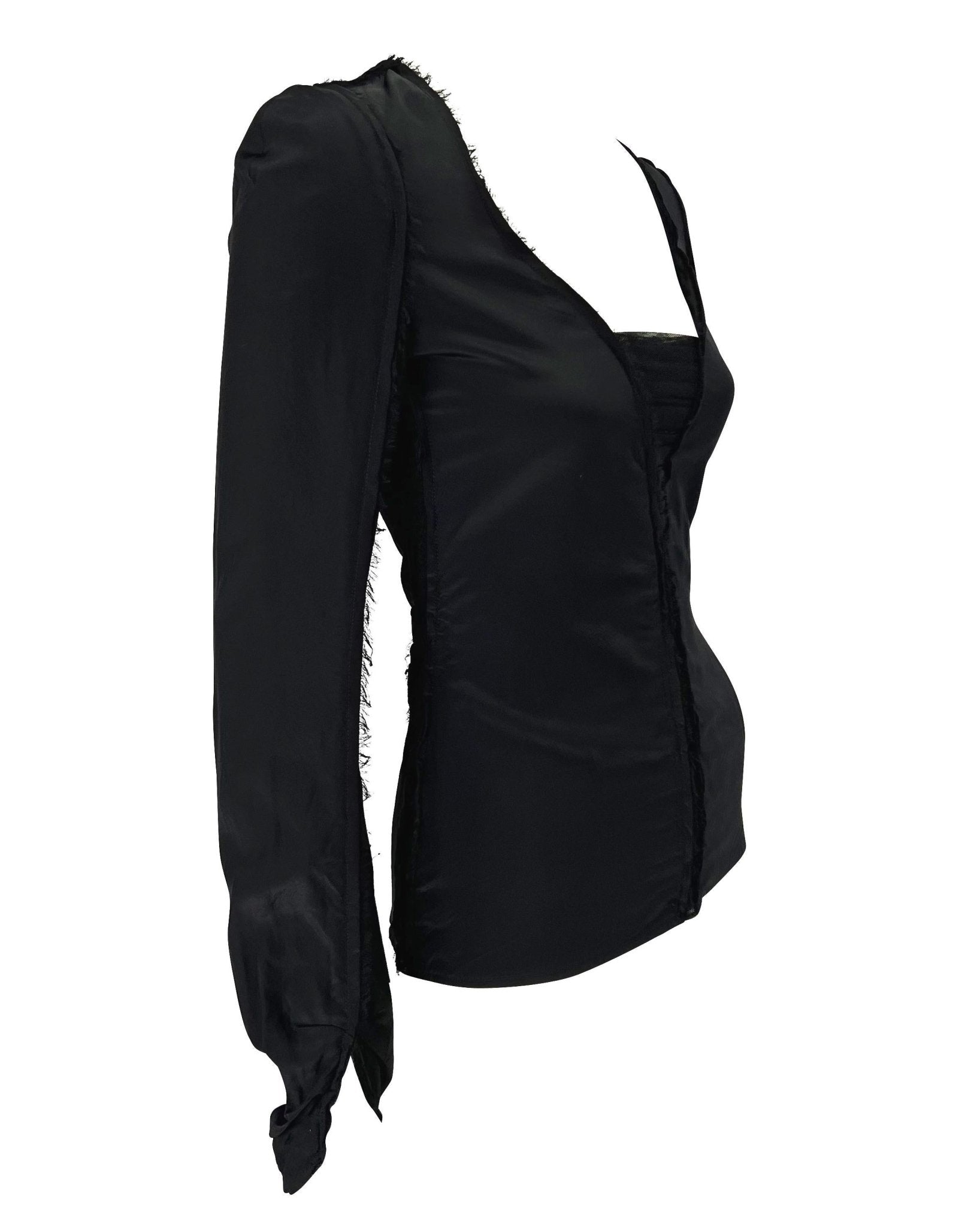 F/W 2002 Yves Saint Laurent by Tom Ford Black Raw - Edge Silk Sheer Plunge Blouse - RealList