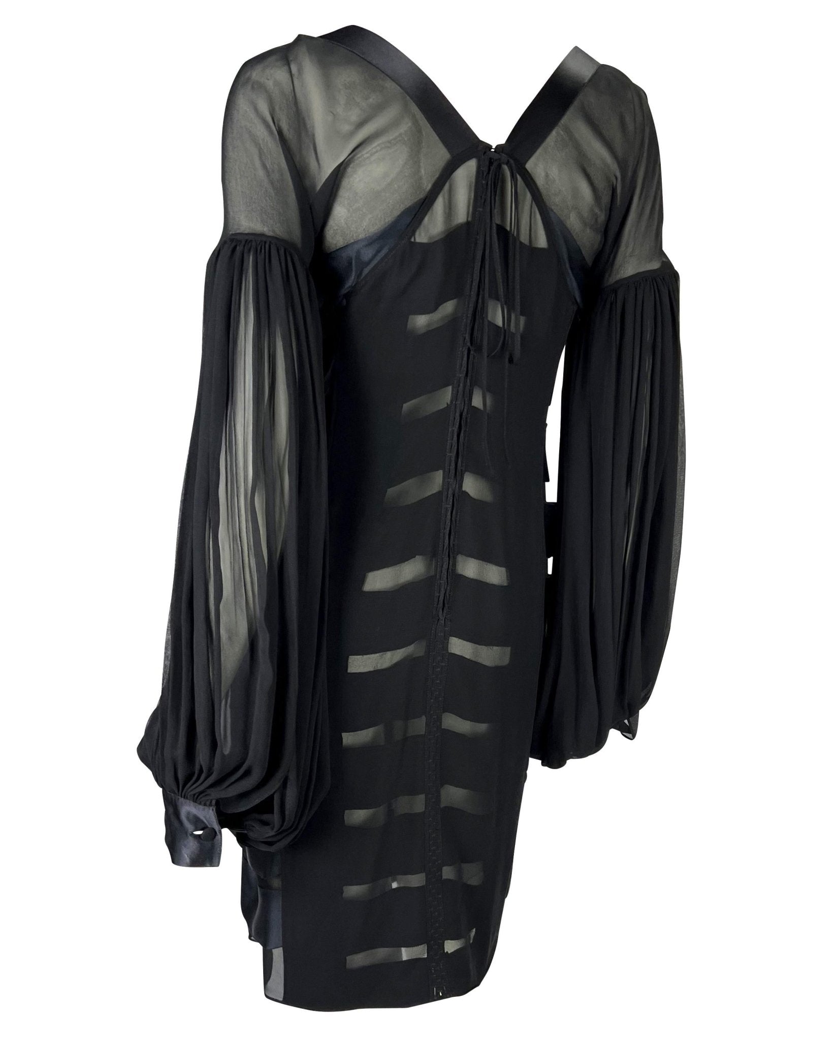 F/W 2002 Yves Saint Laurent by Tom Ford Black Sheer Poet Sleeve Ribbon Dress - RealList
