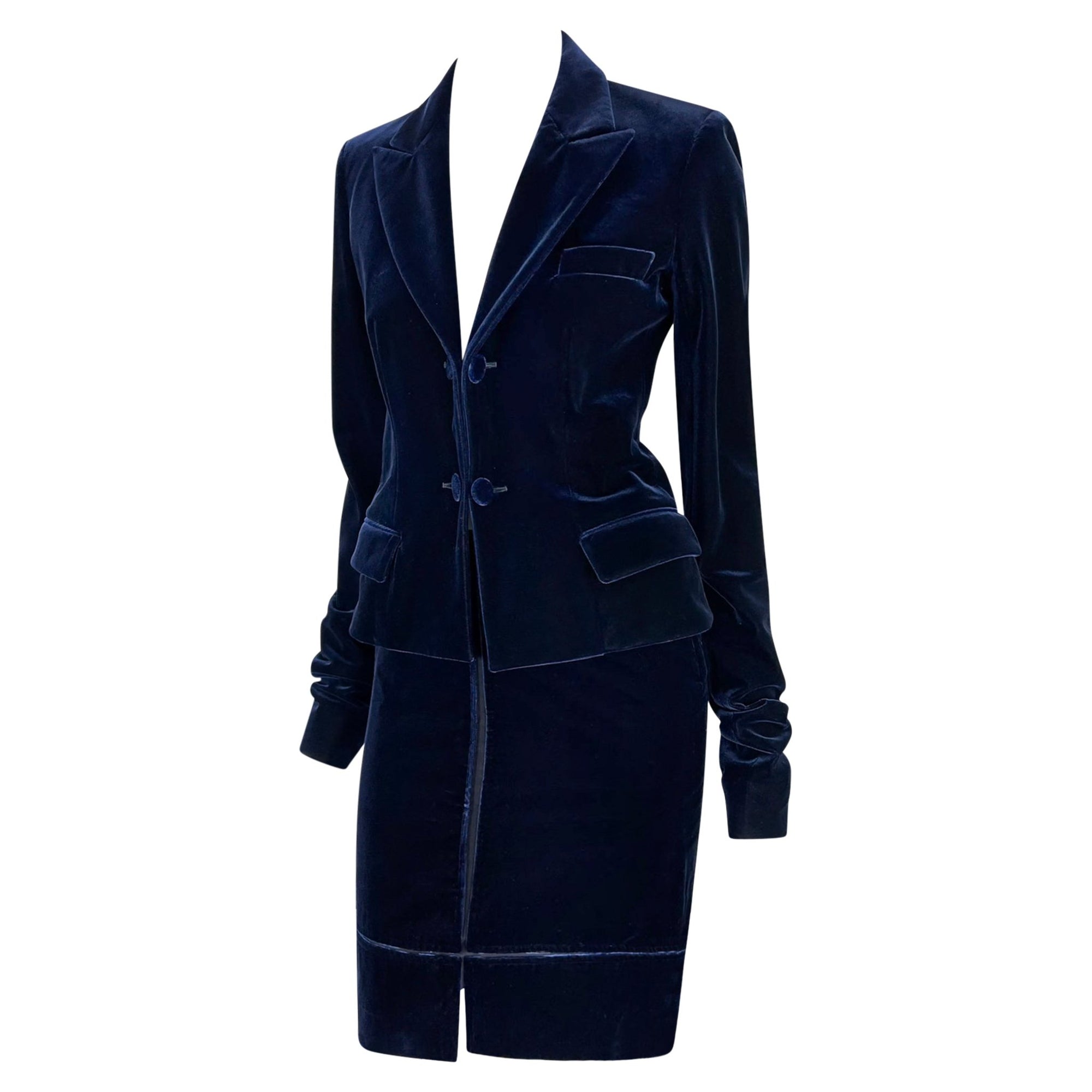 F/W 2002 Yves Saint Laurent by Tom Ford Blue Velvet Panel Skirt Suit - RealList