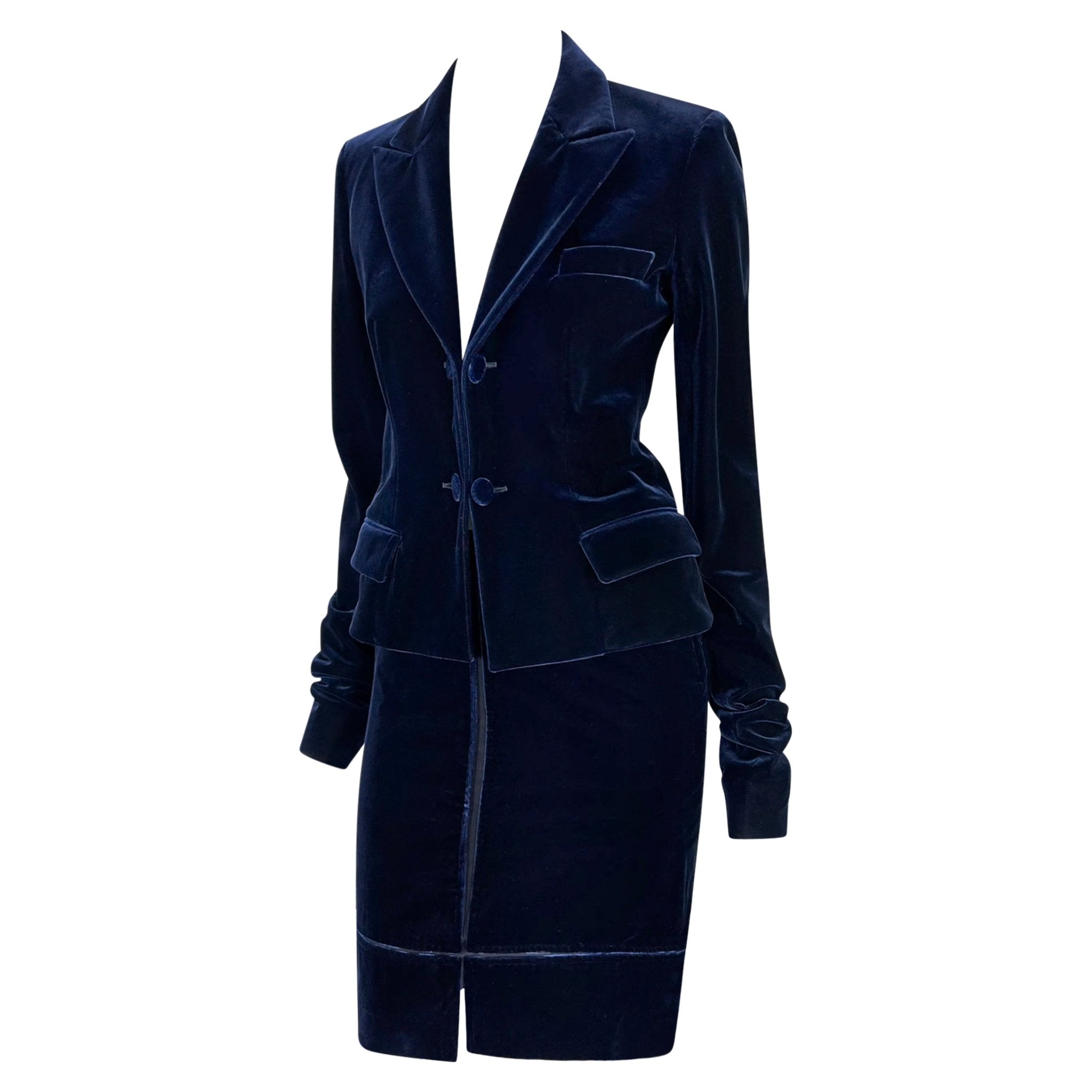 F/W 2002 Yves Saint Laurent by Tom Ford Blue Velvet Panel Skirt Suit - RealList
