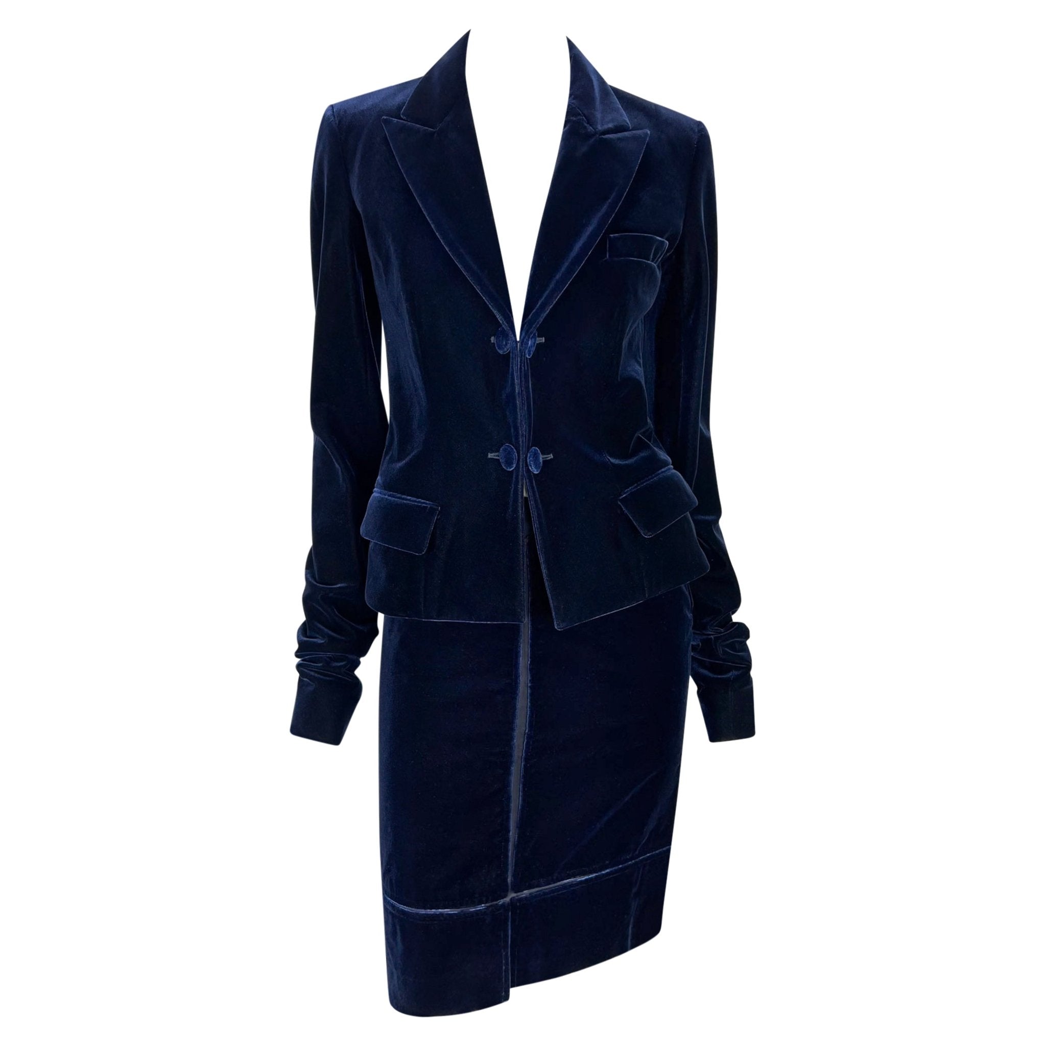 F/W 2002 Yves Saint Laurent by Tom Ford Blue Velvet Panel Skirt Suit - RealList