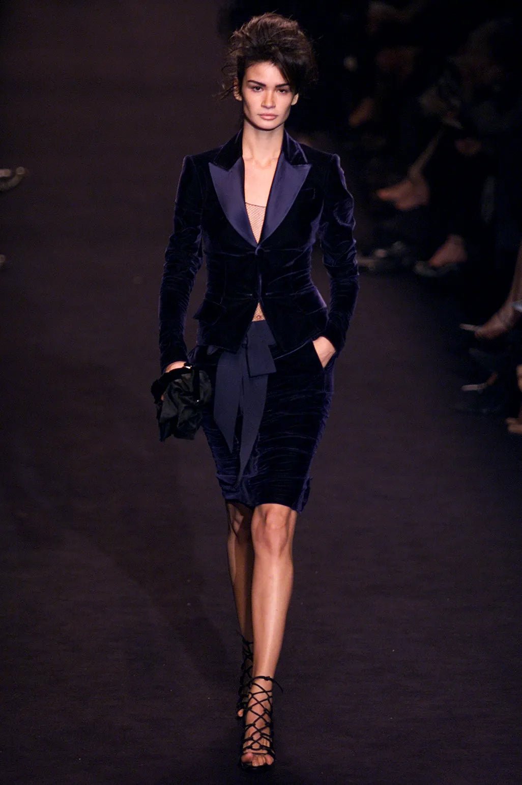 F/W 2002 Yves Saint Laurent by Tom Ford Runway Navy Blue Velvet Skirt Suit - RealList