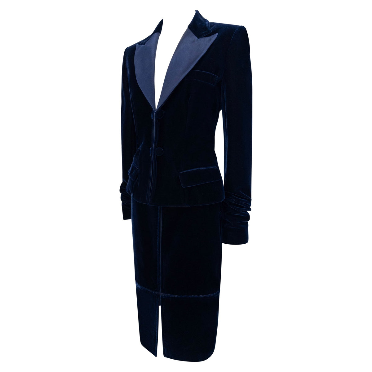 F/W 2002 Yves Saint Laurent by Tom Ford Runway Navy Blue Velvet Skirt Suit - RealList