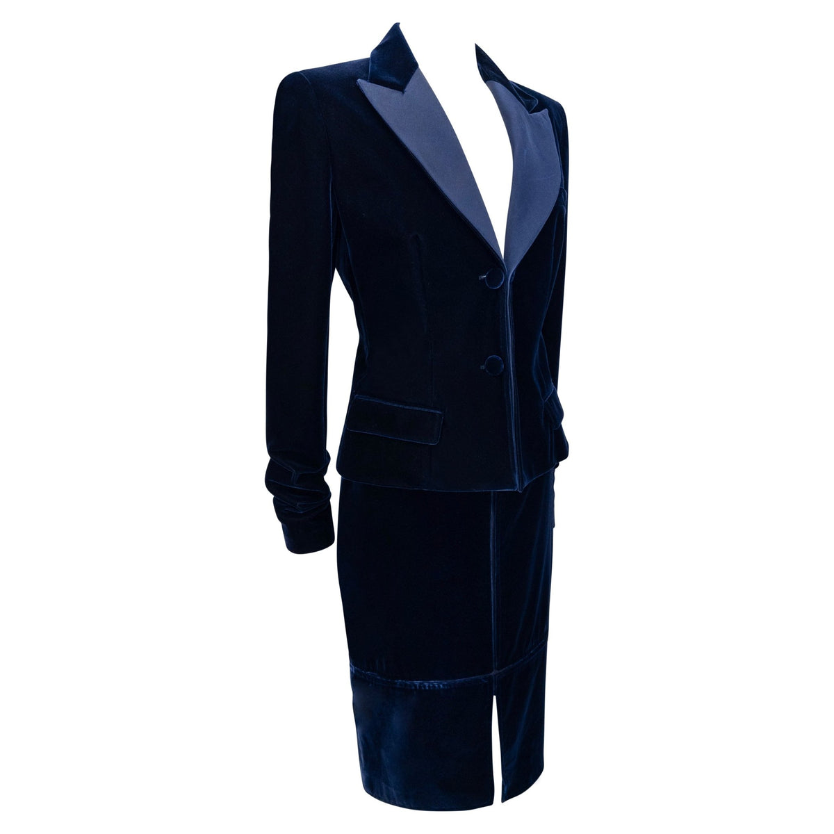 F/W 2002 Yves Saint Laurent by Tom Ford Runway Navy Blue Velvet Skirt Suit - RealList