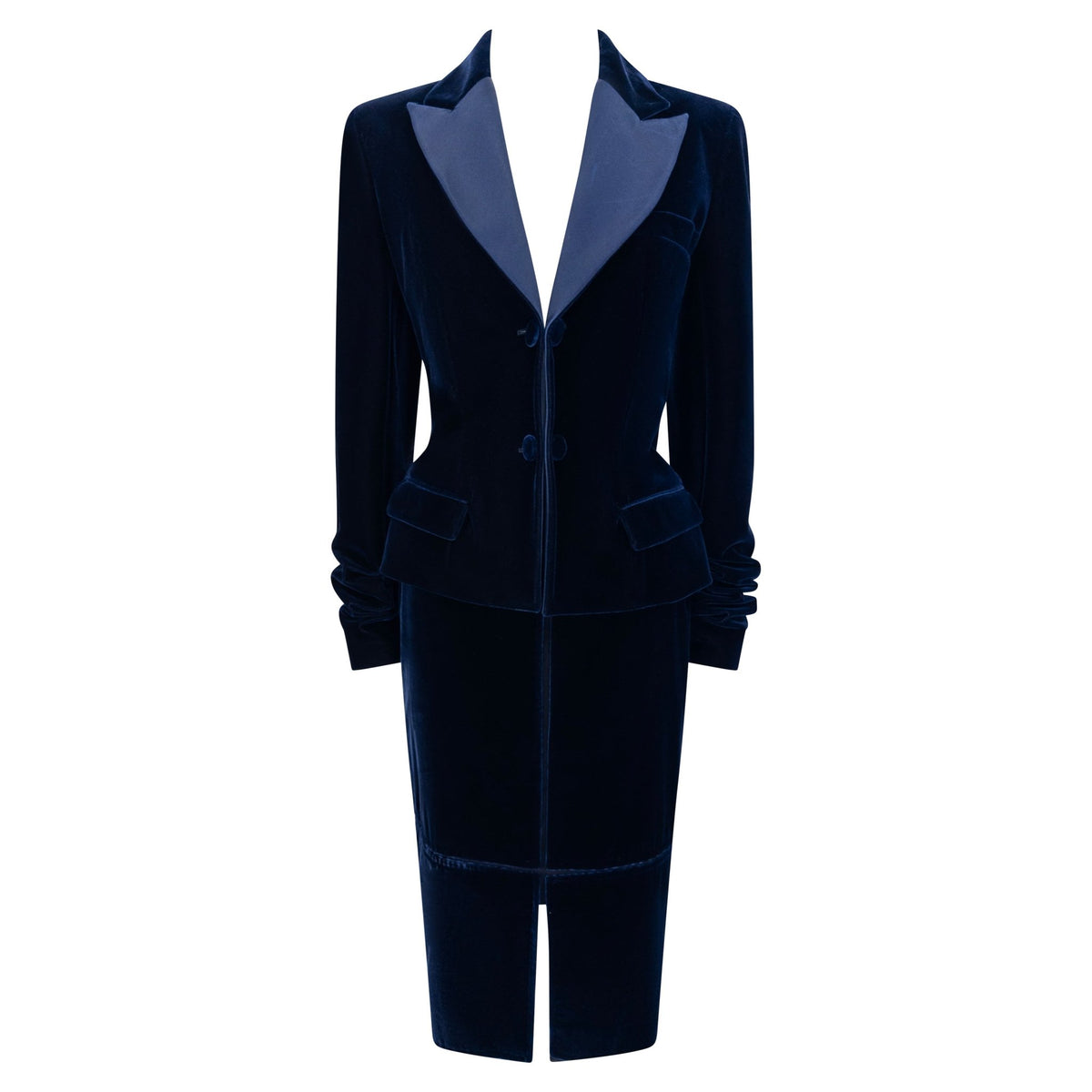 F/W 2002 Yves Saint Laurent by Tom Ford Runway Navy Blue Velvet Skirt Suit - RealList