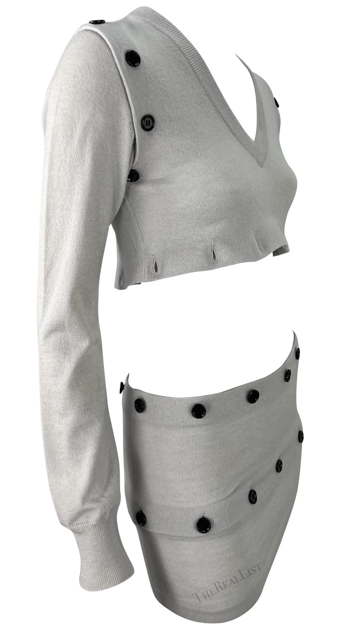 F/W 2003 Dolce & Gabbana Adjustable Button Grey Cropped Sweater Mini Skirt Set - RealList
