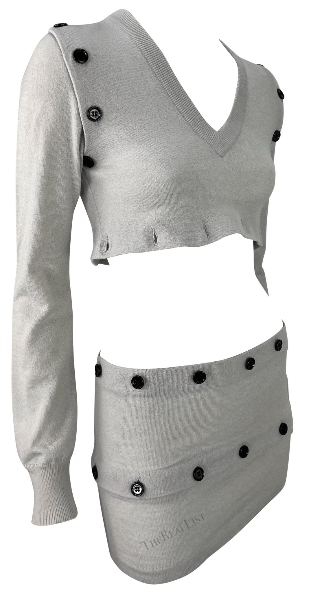 F/W 2003 Dolce & Gabbana Adjustable Button Grey Cropped Sweater Mini Skirt Set - RealList