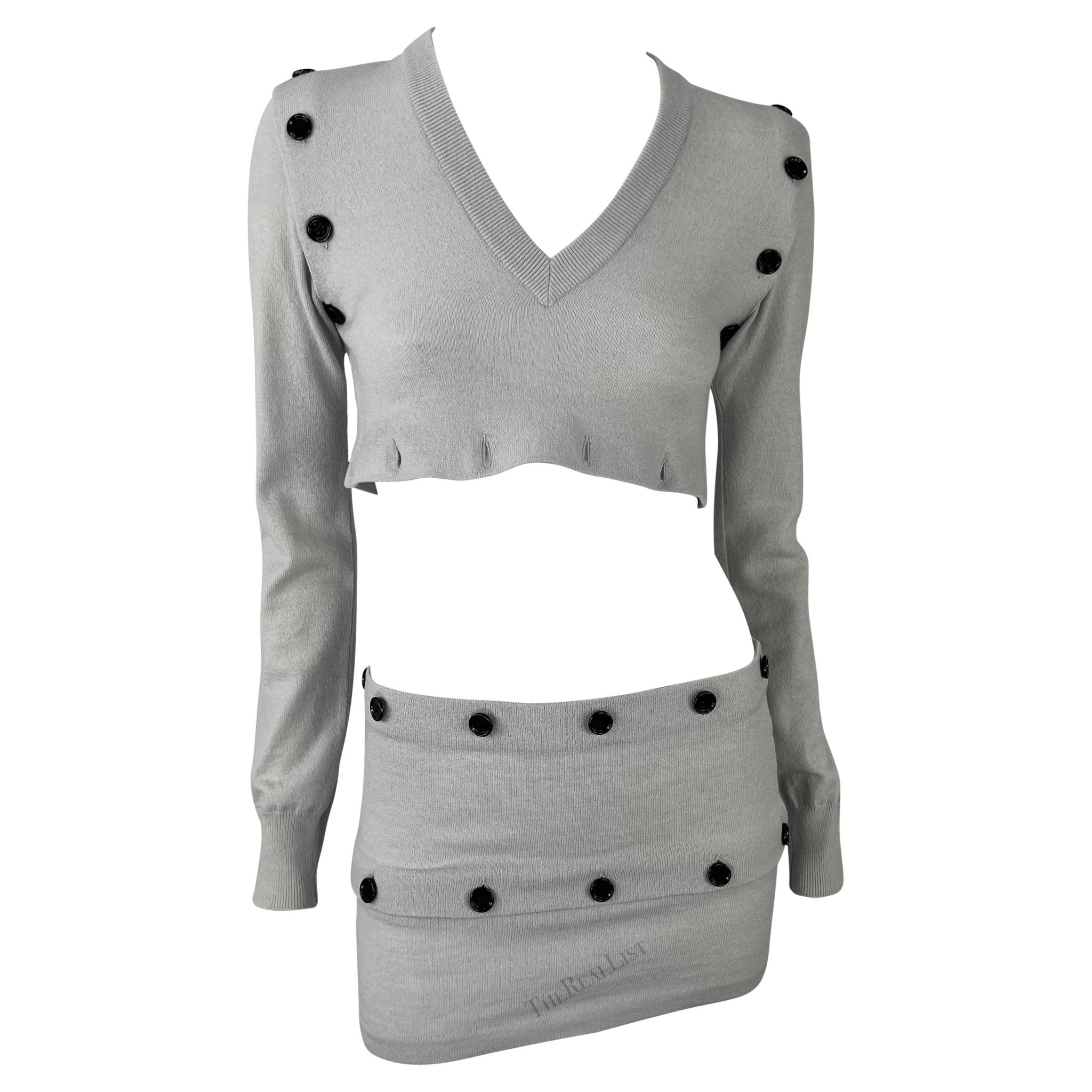 F/W 2003 Dolce & Gabbana Adjustable Button Grey Cropped Sweater Mini Skirt Set - RealList
