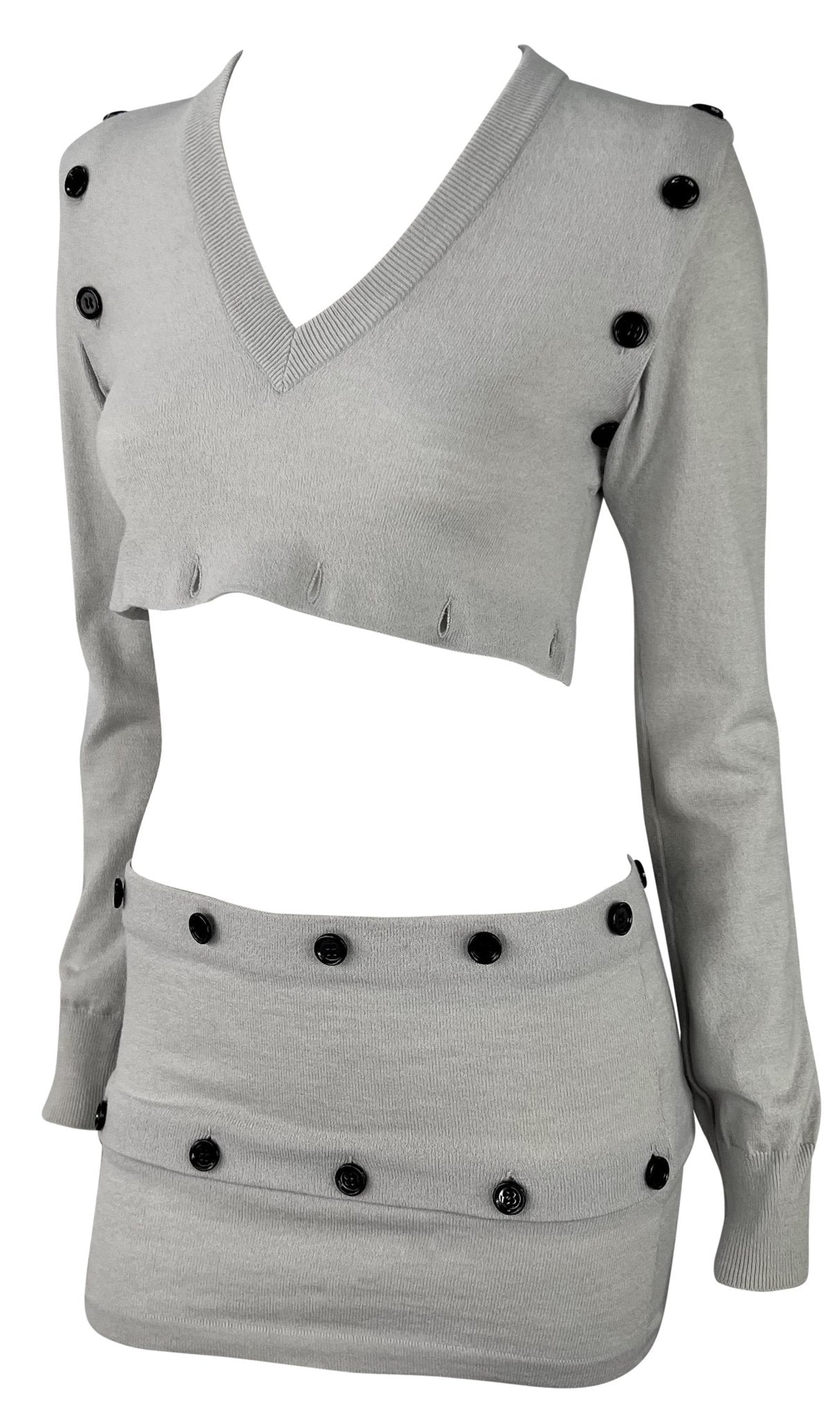 F/W 2003 Dolce & Gabbana Adjustable Button Grey Cropped Sweater Mini Skirt Set - RealList