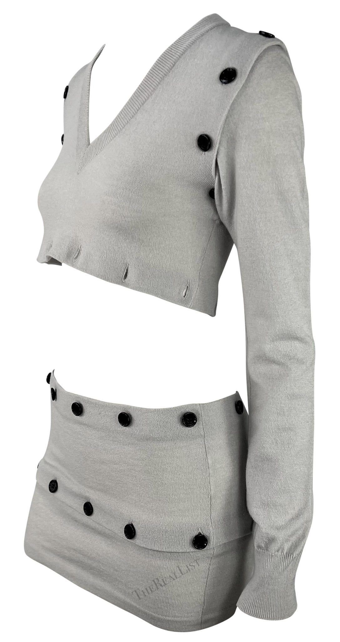 F/W 2003 Dolce & Gabbana Adjustable Button Grey Cropped Sweater Mini Skirt Set - RealList