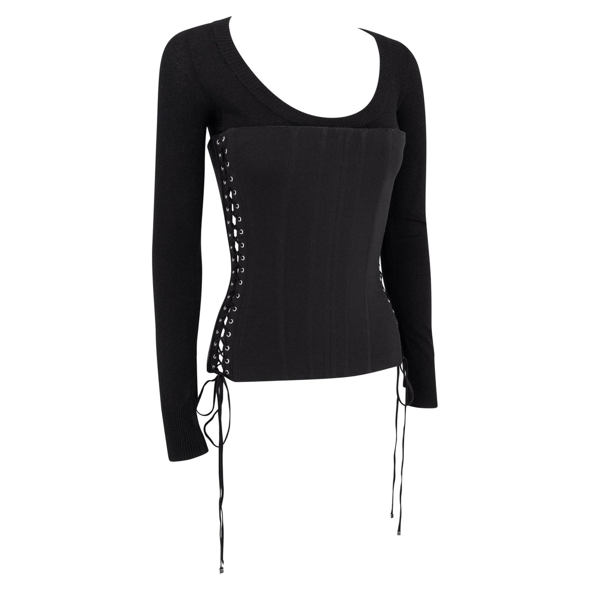 F/W 2003 Dolce & Gabbana Black Corset - Boned Scoop Neck Silk Sweater Top - RealList