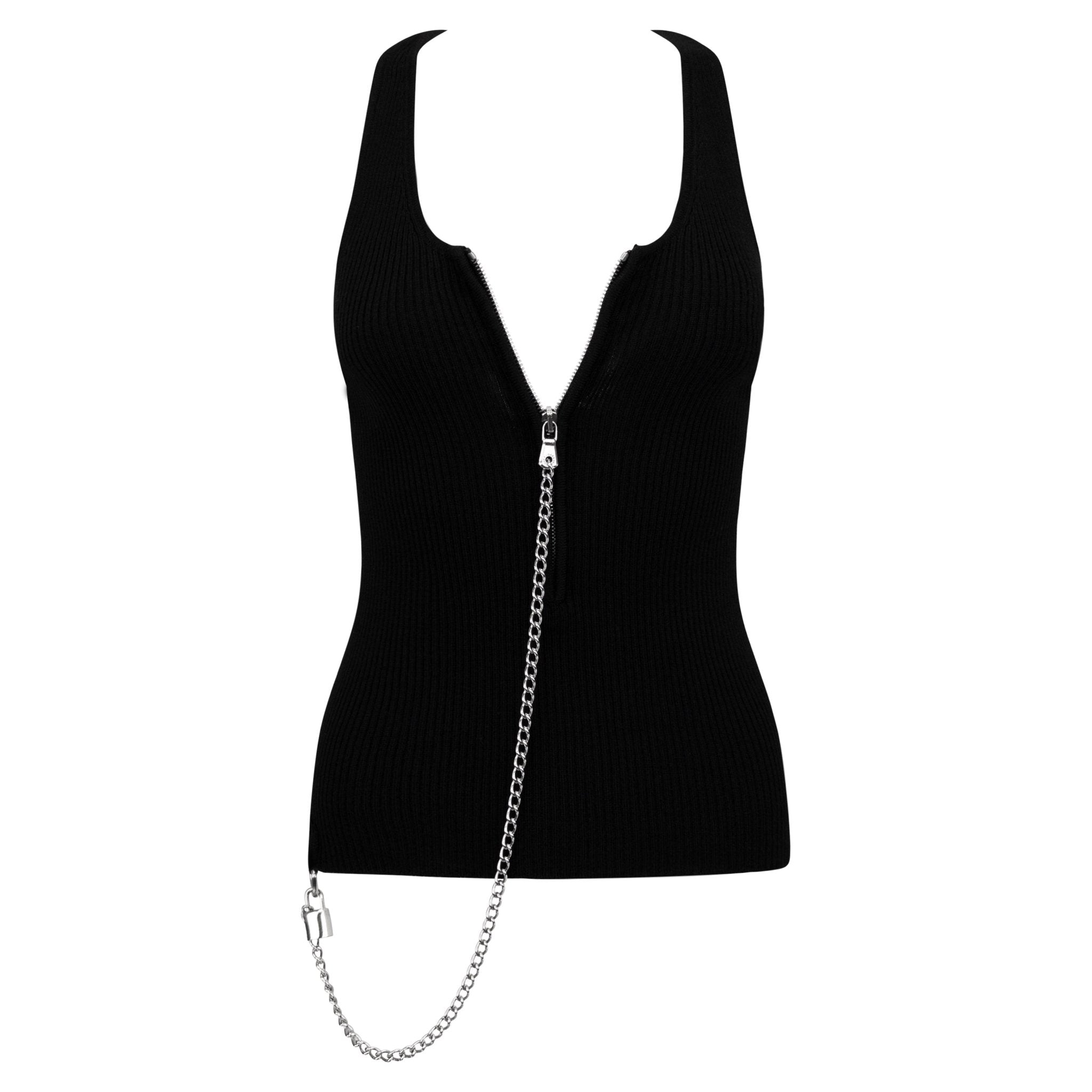 F/W 2003 Dolce & Gabbana Black Ribbed Knit Wool Silver Padlock Chain Zip Tank Top - RealList