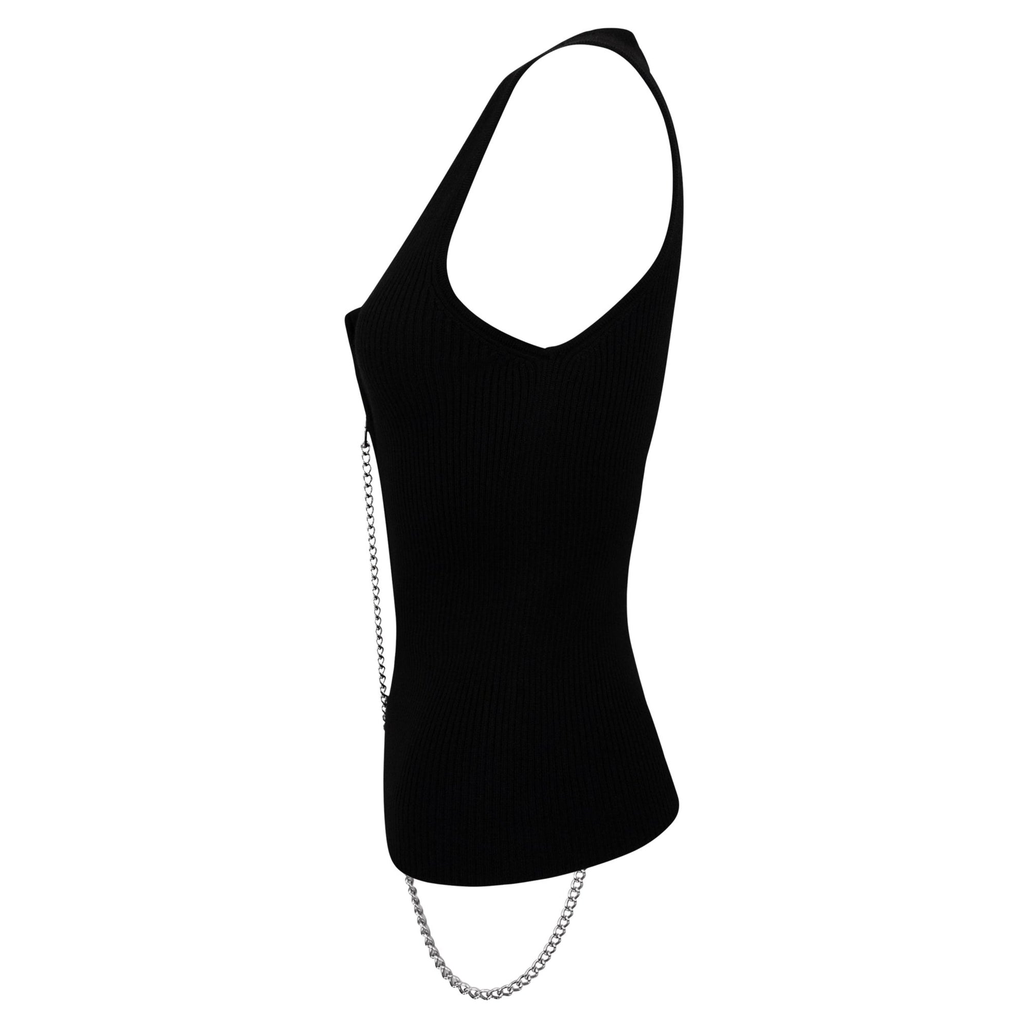 F/W 2003 Dolce & Gabbana Black Ribbed Knit Wool Silver Padlock Chain Zip Tank Top - RealList