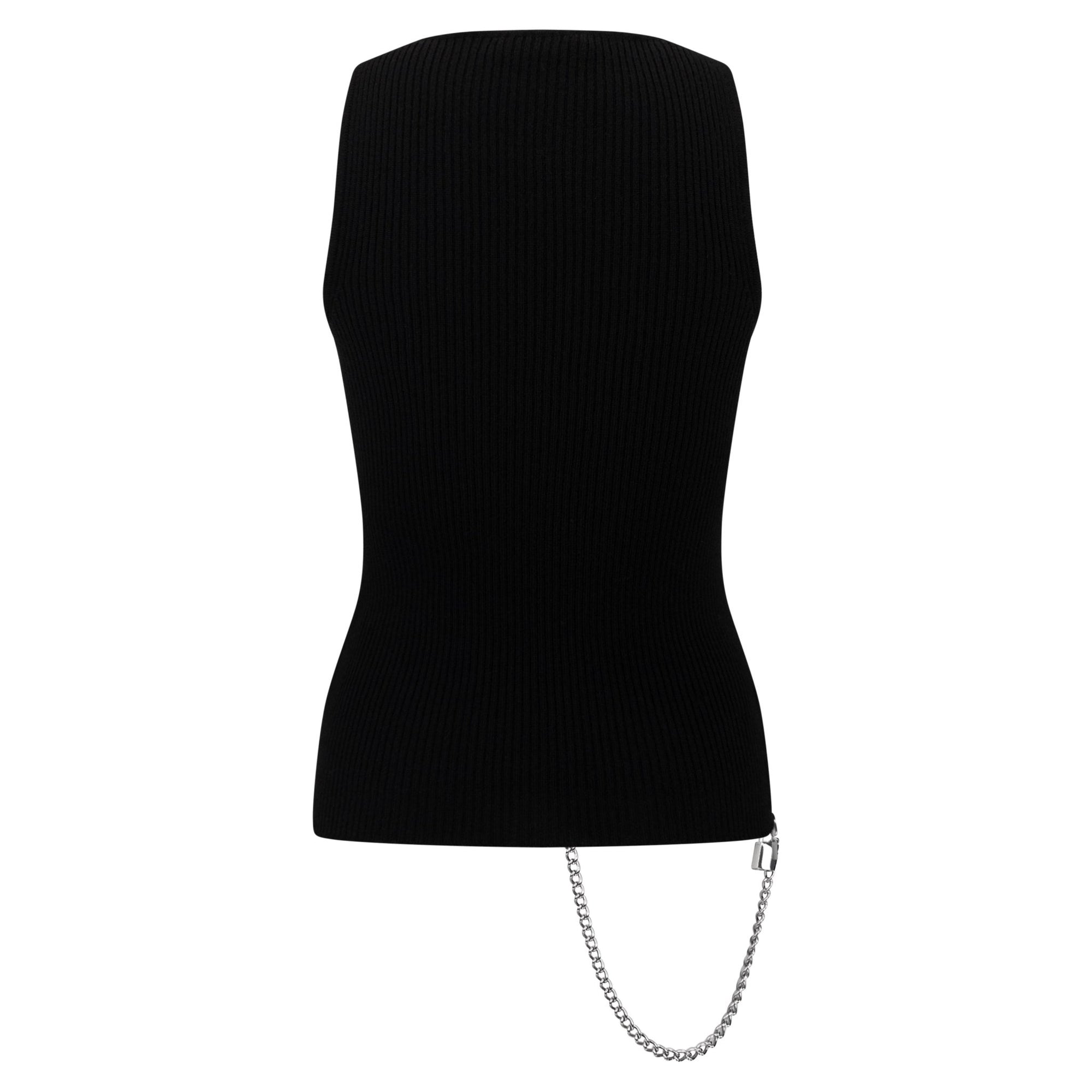 F/W 2003 Dolce & Gabbana Black Ribbed Knit Wool Silver Padlock Chain Zip Tank Top - RealList