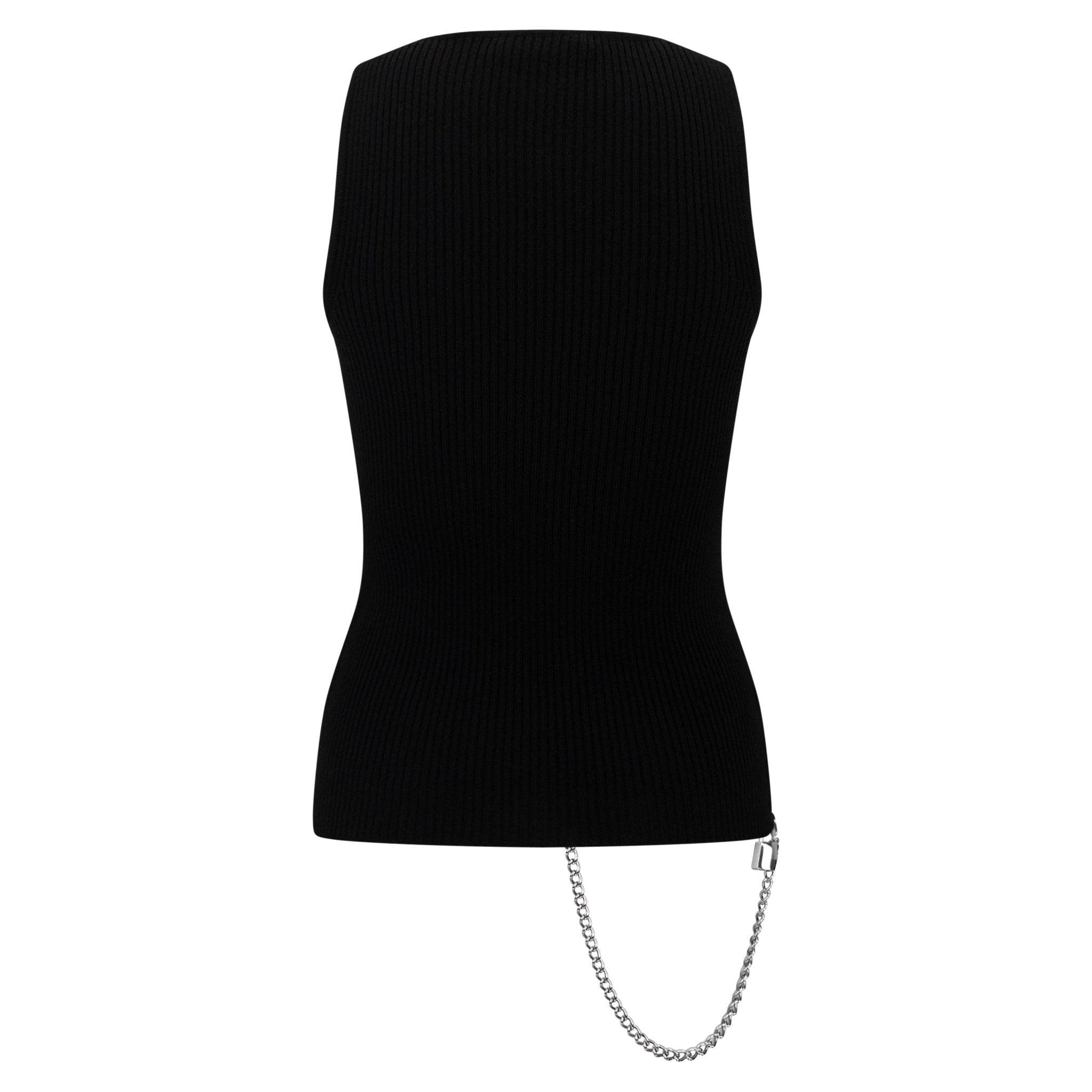 F/W 2003 Dolce & Gabbana Black Ribbed Knit Wool Silver Padlock Chain Zip Tank Top - RealList