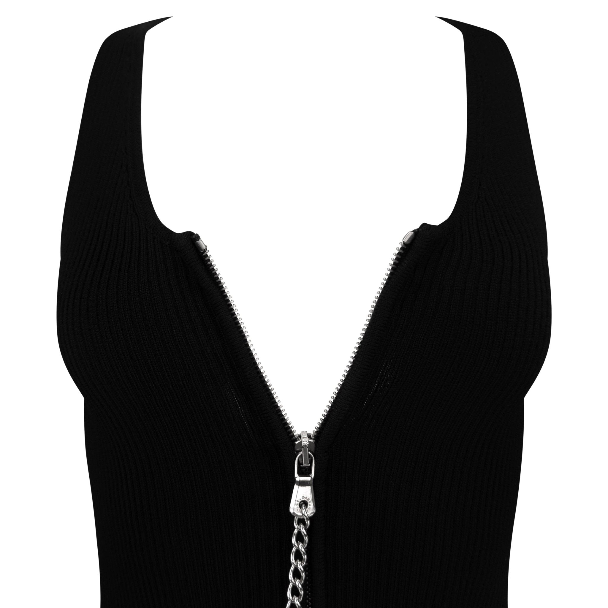 F/W 2003 Dolce & Gabbana Black Ribbed Knit Wool Silver Padlock Chain Zip Tank Top - RealList