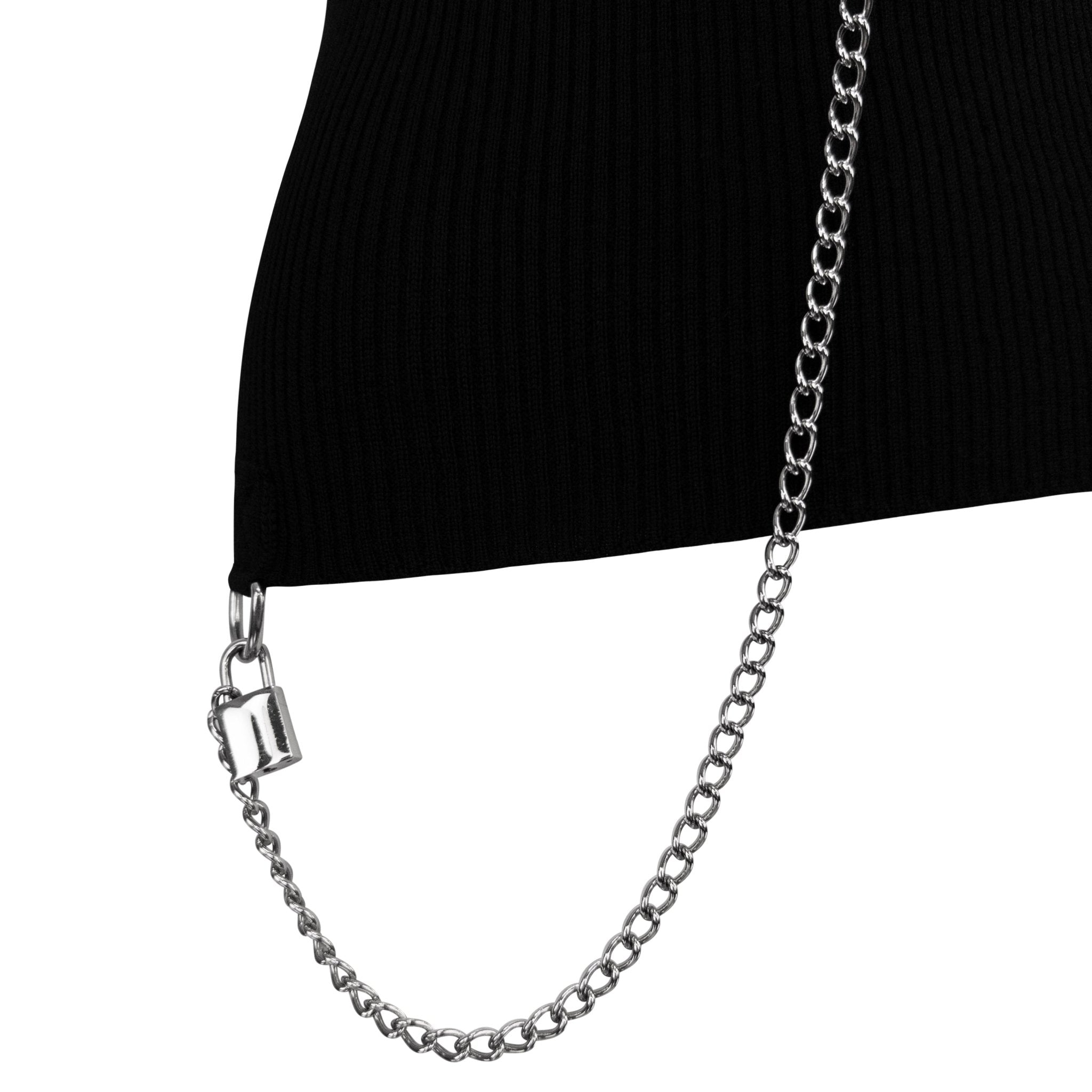 F/W 2003 Dolce & Gabbana Black Ribbed Knit Wool Silver Padlock Chain Zip Tank Top - RealList