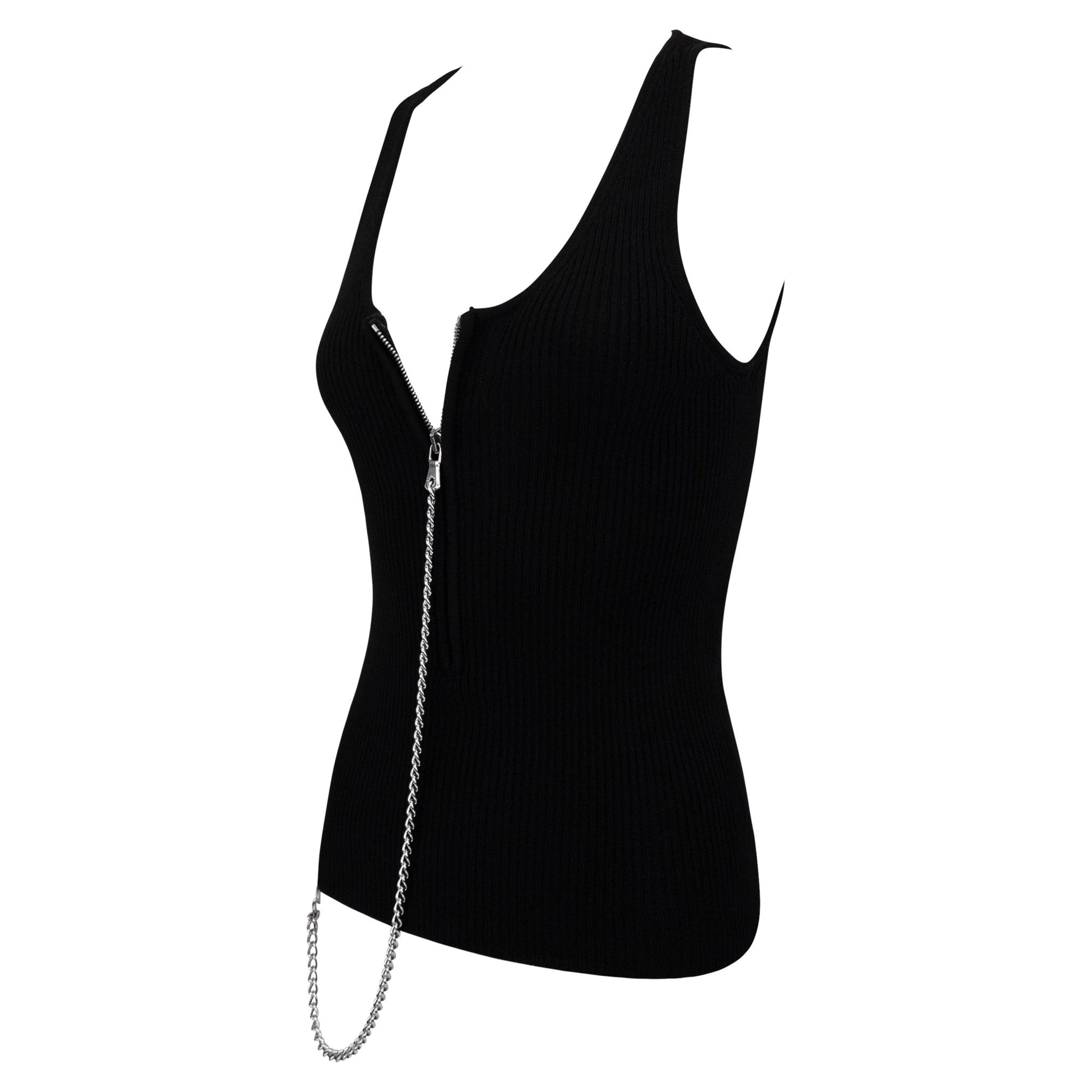 F/W 2003 Dolce & Gabbana Black Ribbed Knit Wool Silver Padlock Chain Zip Tank Top - RealList