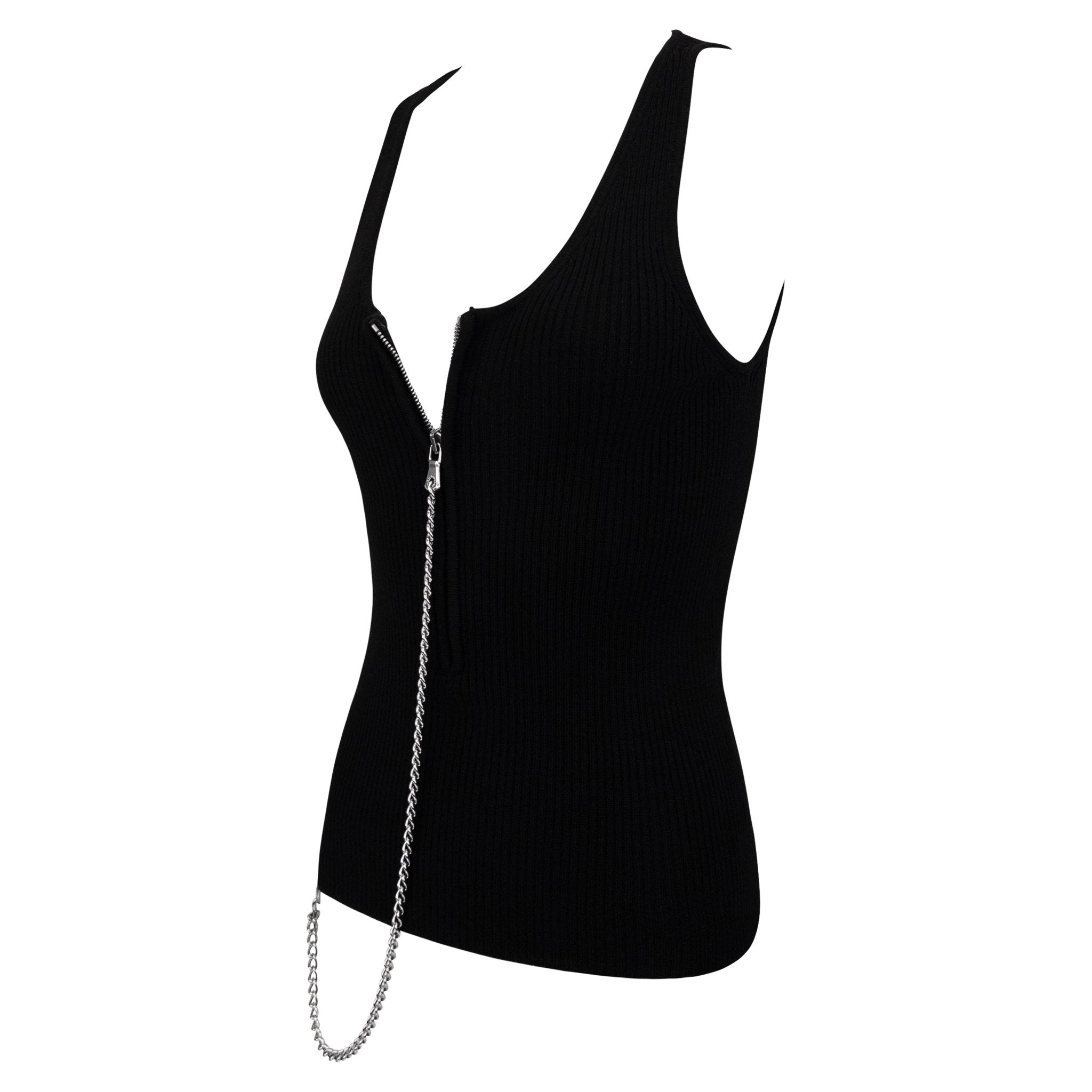 F/W 2003 Dolce & Gabbana Black Ribbed Knit Wool Silver Padlock Chain Zip Tank Top - RealList