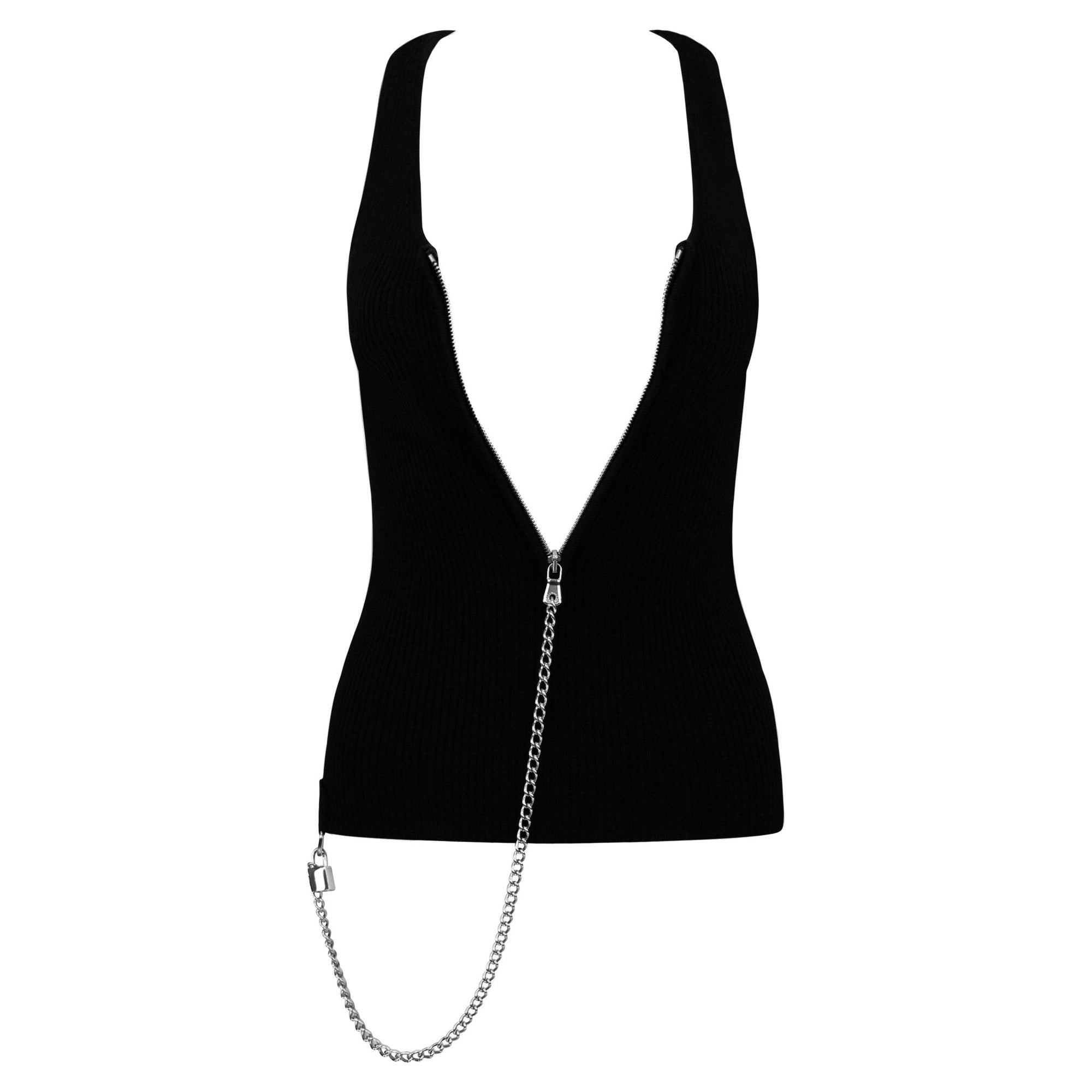 F/W 2003 Dolce & Gabbana Black Ribbed Knit Wool Silver Padlock Chain Zip Tank Top - RealList