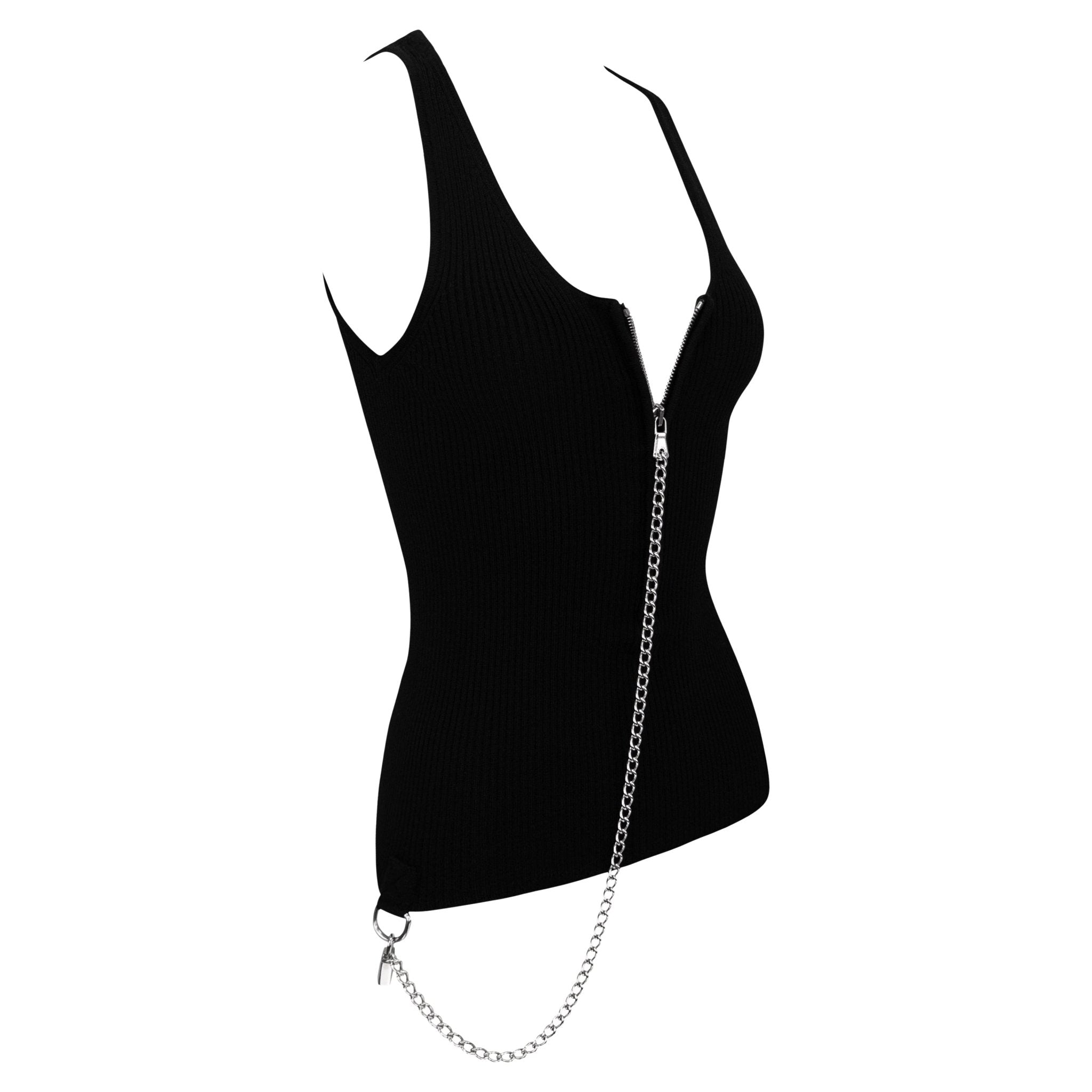 F/W 2003 Dolce & Gabbana Black Ribbed Knit Wool Silver Padlock Chain Zip Tank Top - RealList