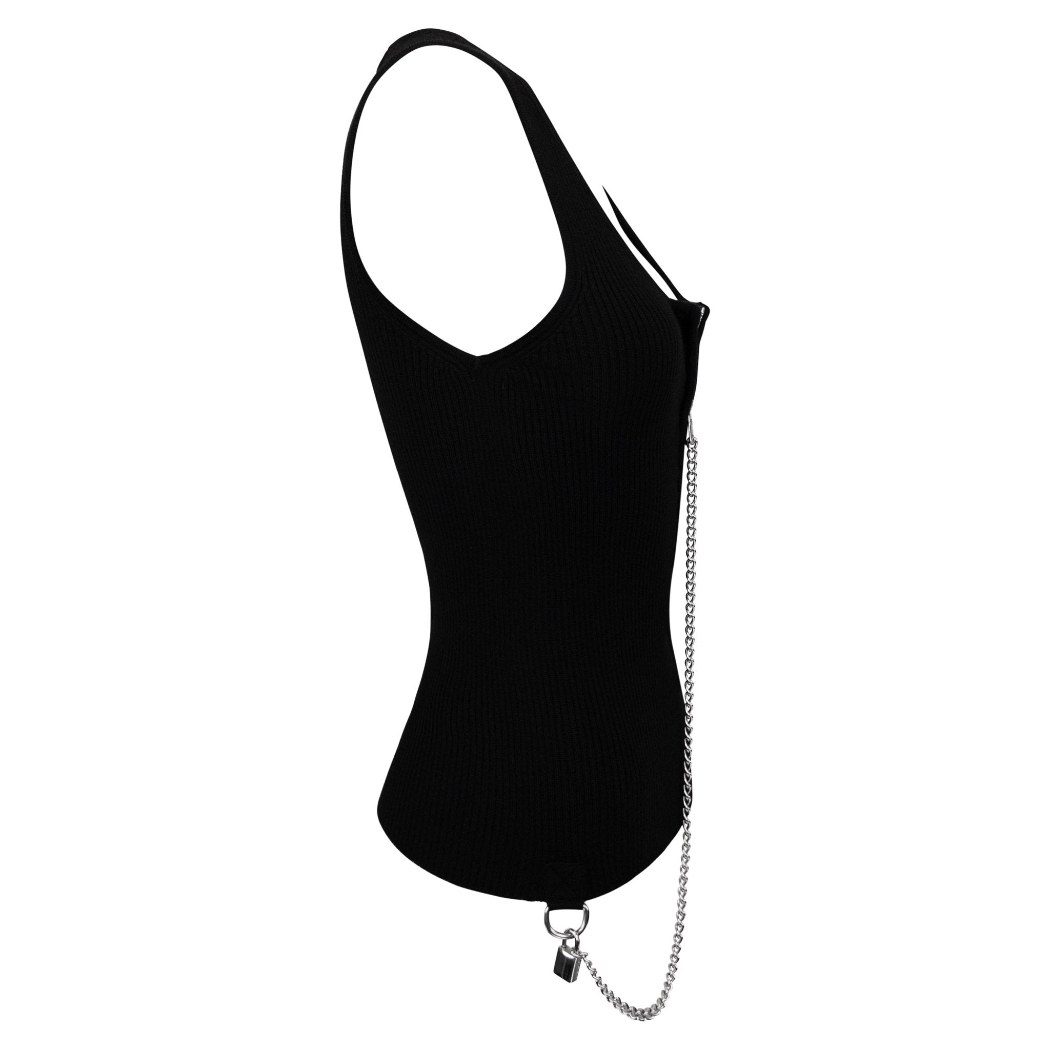 F/W 2003 Dolce & Gabbana Black Ribbed Knit Wool Silver Padlock Chain Zip Tank Top - RealList