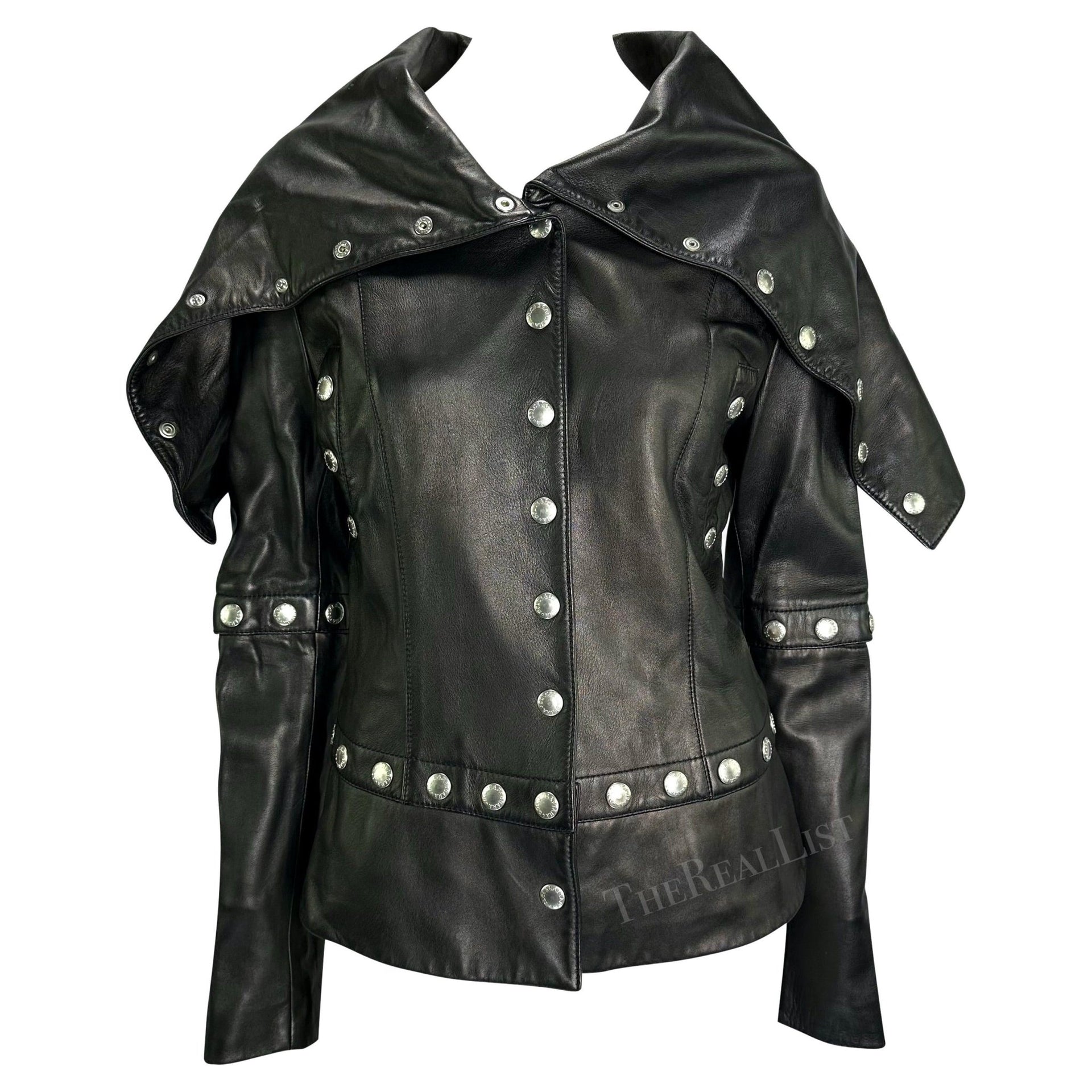 F/W 2003 Dolce & Gabbana Convertible Black Leather Logo Snap Jacket - RealList