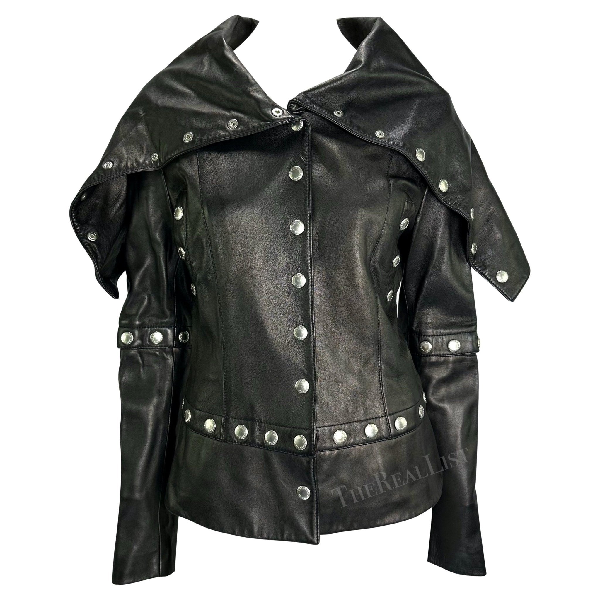 F/W 2003 Dolce & Gabbana Convertible Black Leather Logo Snap Jacket - RealList