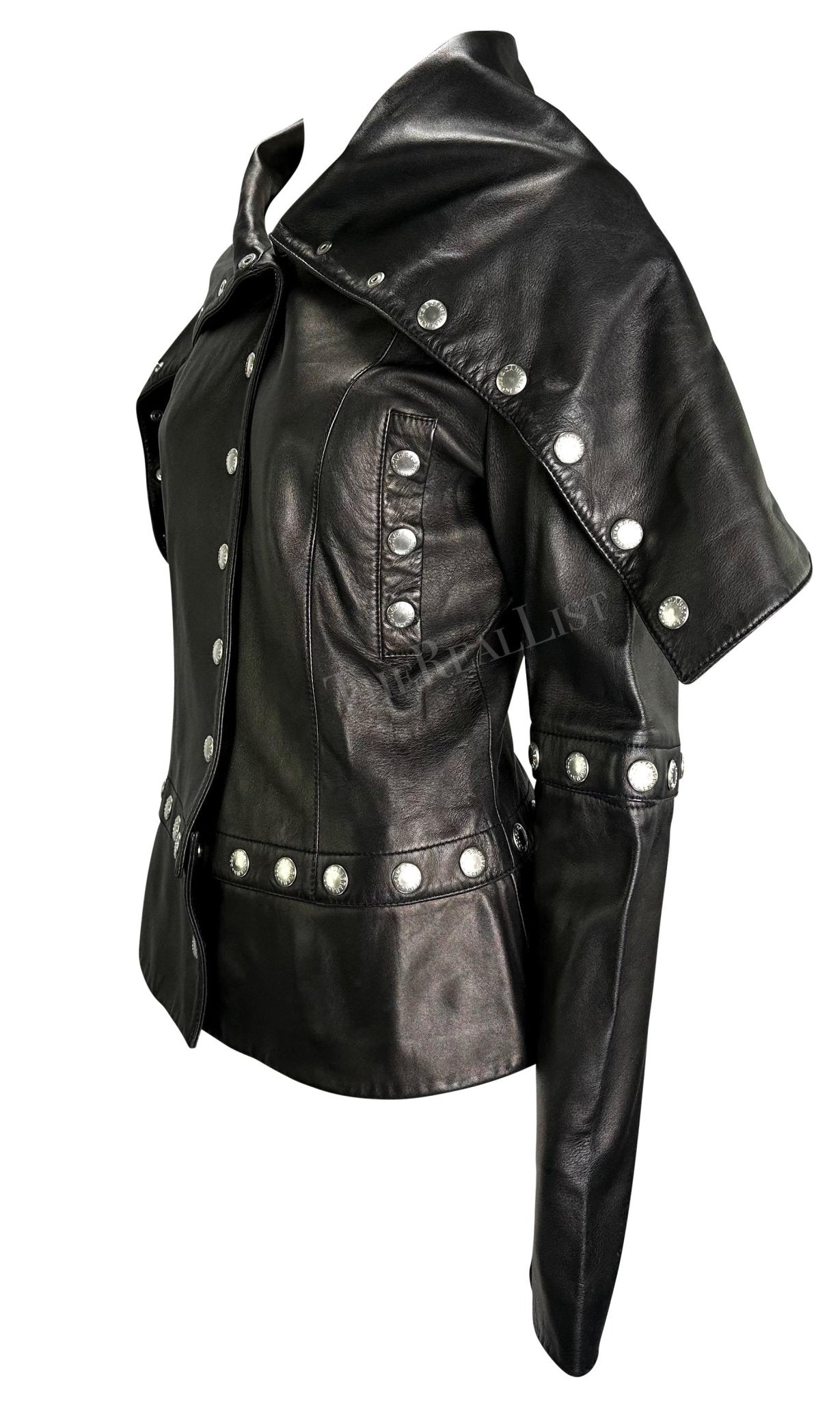 F/W 2003 Dolce & Gabbana Convertible Black Leather Logo Snap Jacket - RealList