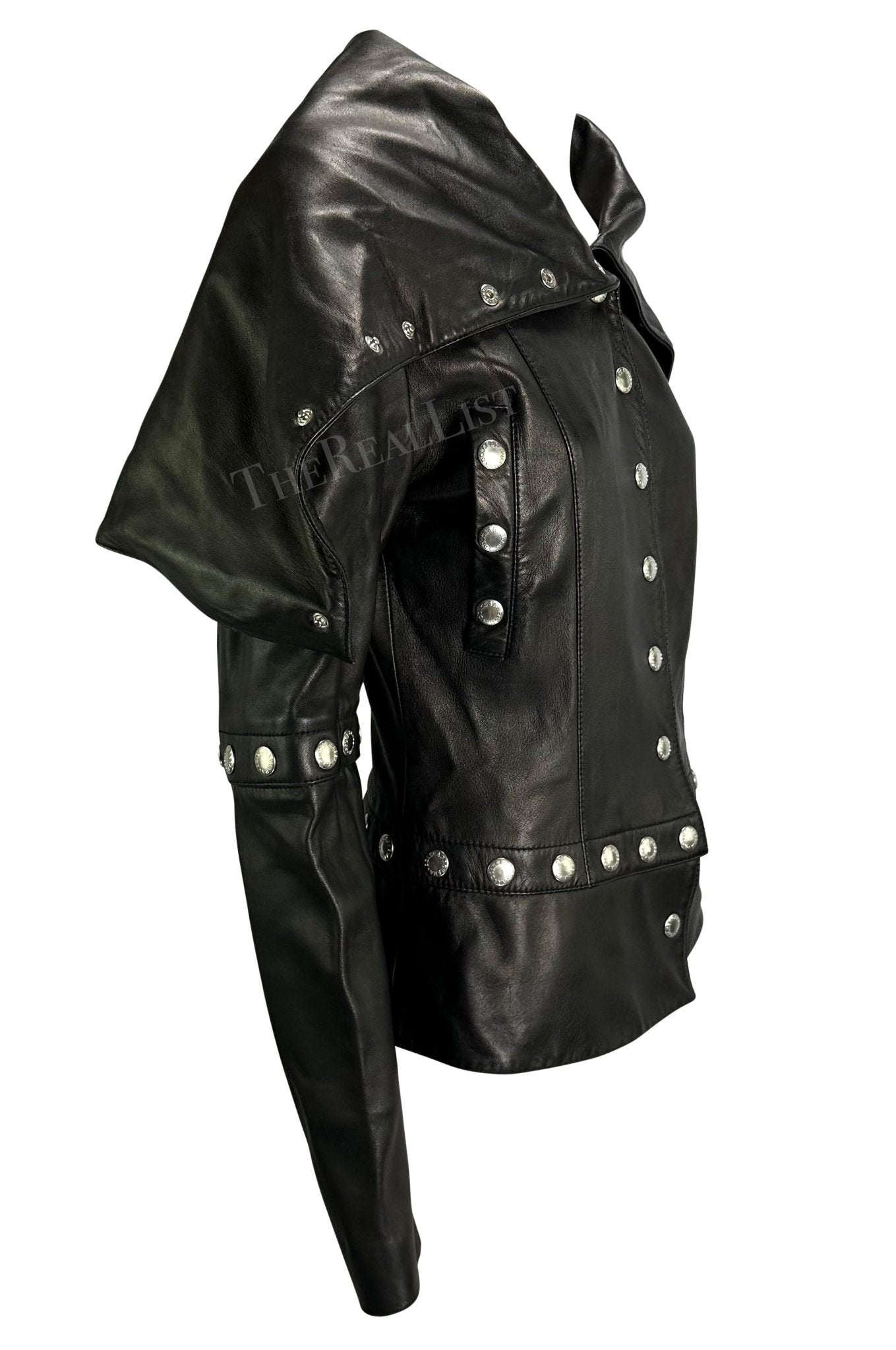 F/W 2003 Dolce & Gabbana Convertible Black Leather Logo Snap Jacket - RealList