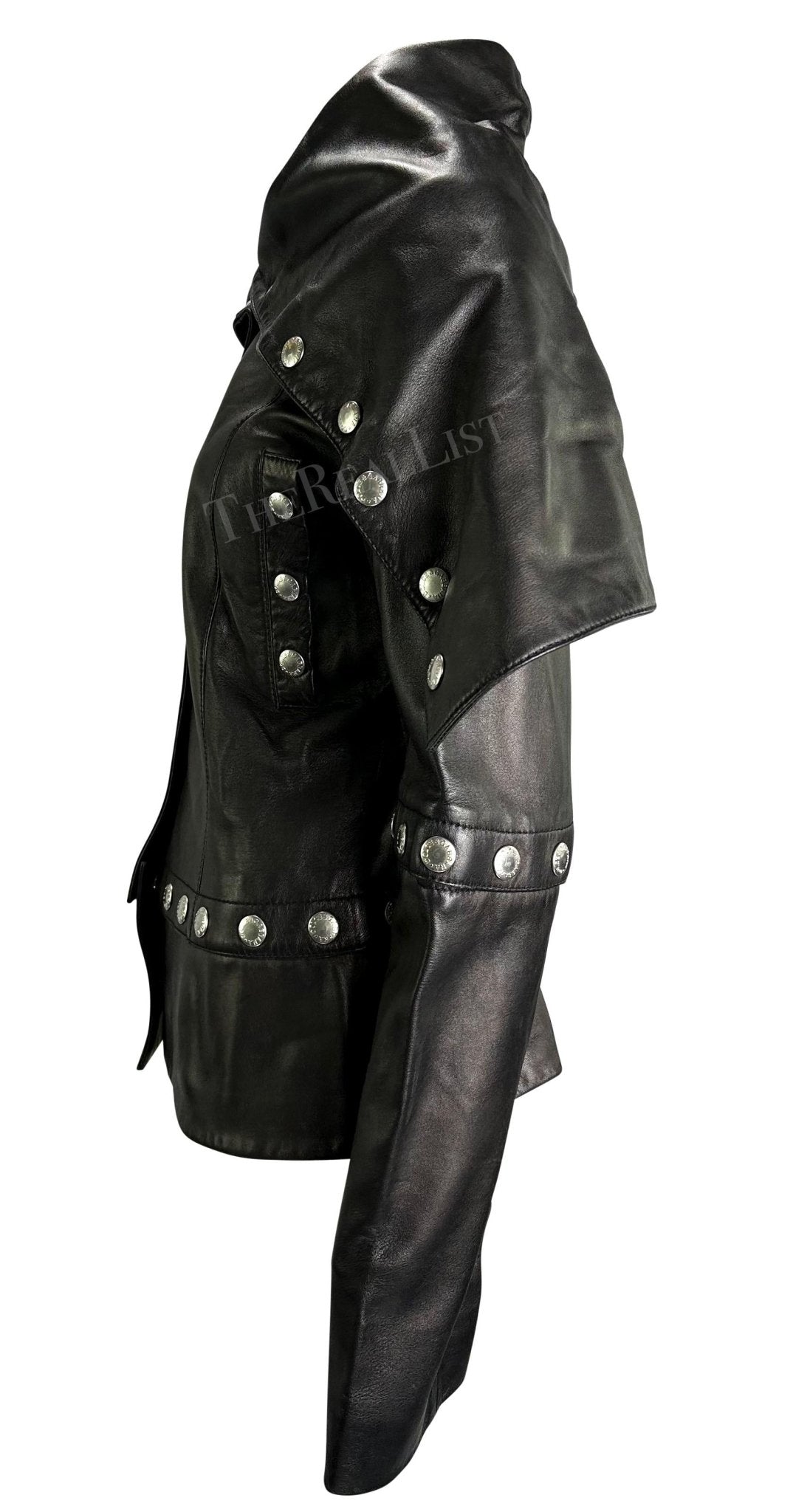 F/W 2003 Dolce & Gabbana Convertible Black Leather Logo Snap Jacket - RealList