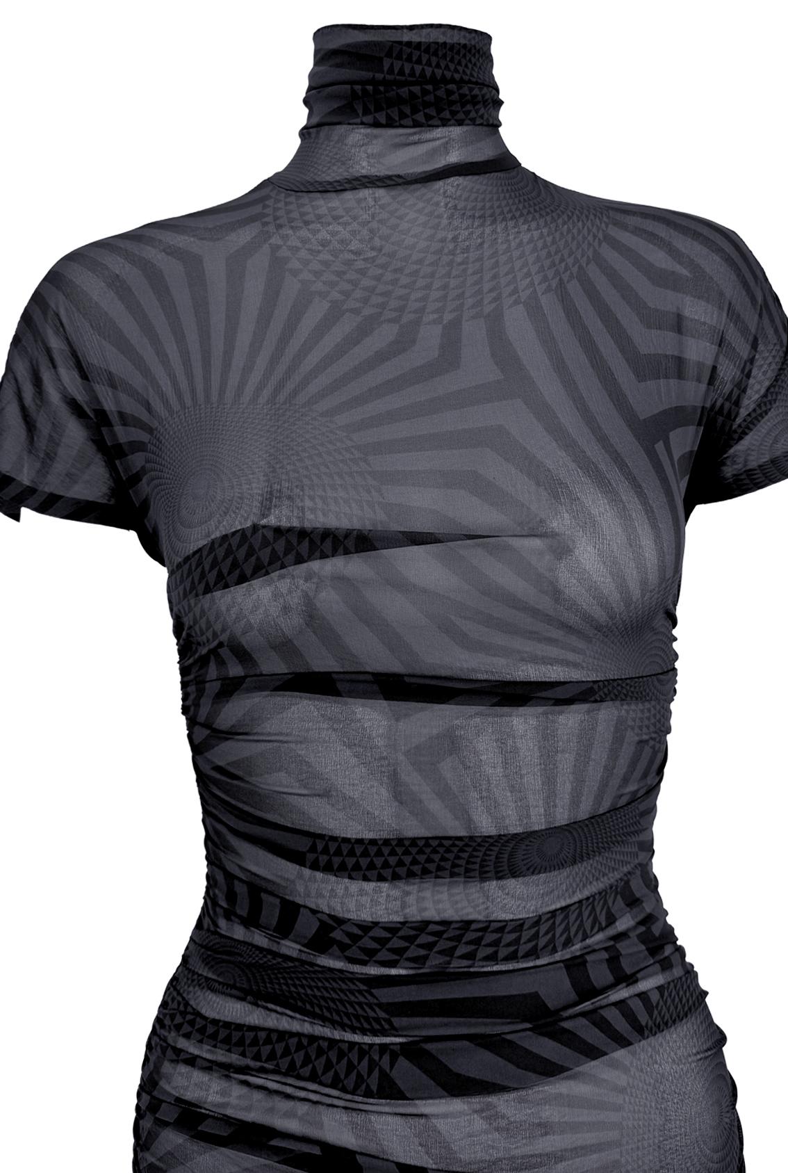 F/W 2003 Dolce & Gabbana Runway Sheer Black Blue Op Art Print Ruched Dress - RealList