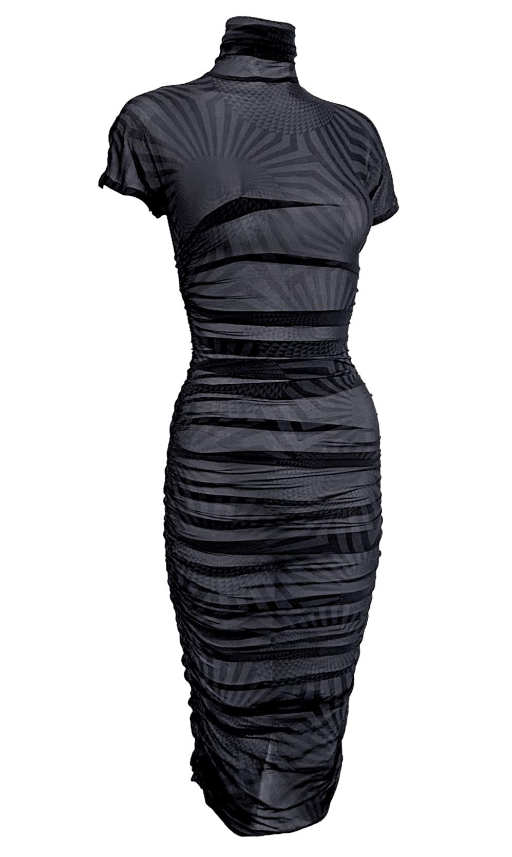 F/W 2003 Dolce & Gabbana Runway Sheer Black Blue Op Art Print Ruched Dress - RealList