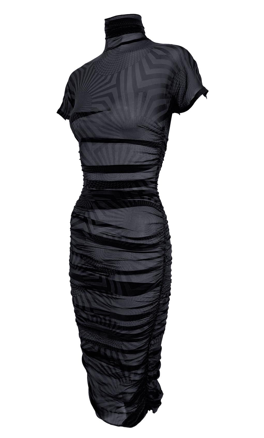 F/W 2003 Dolce & Gabbana Runway Sheer Black Blue Op Art Print Ruched Dress - RealList