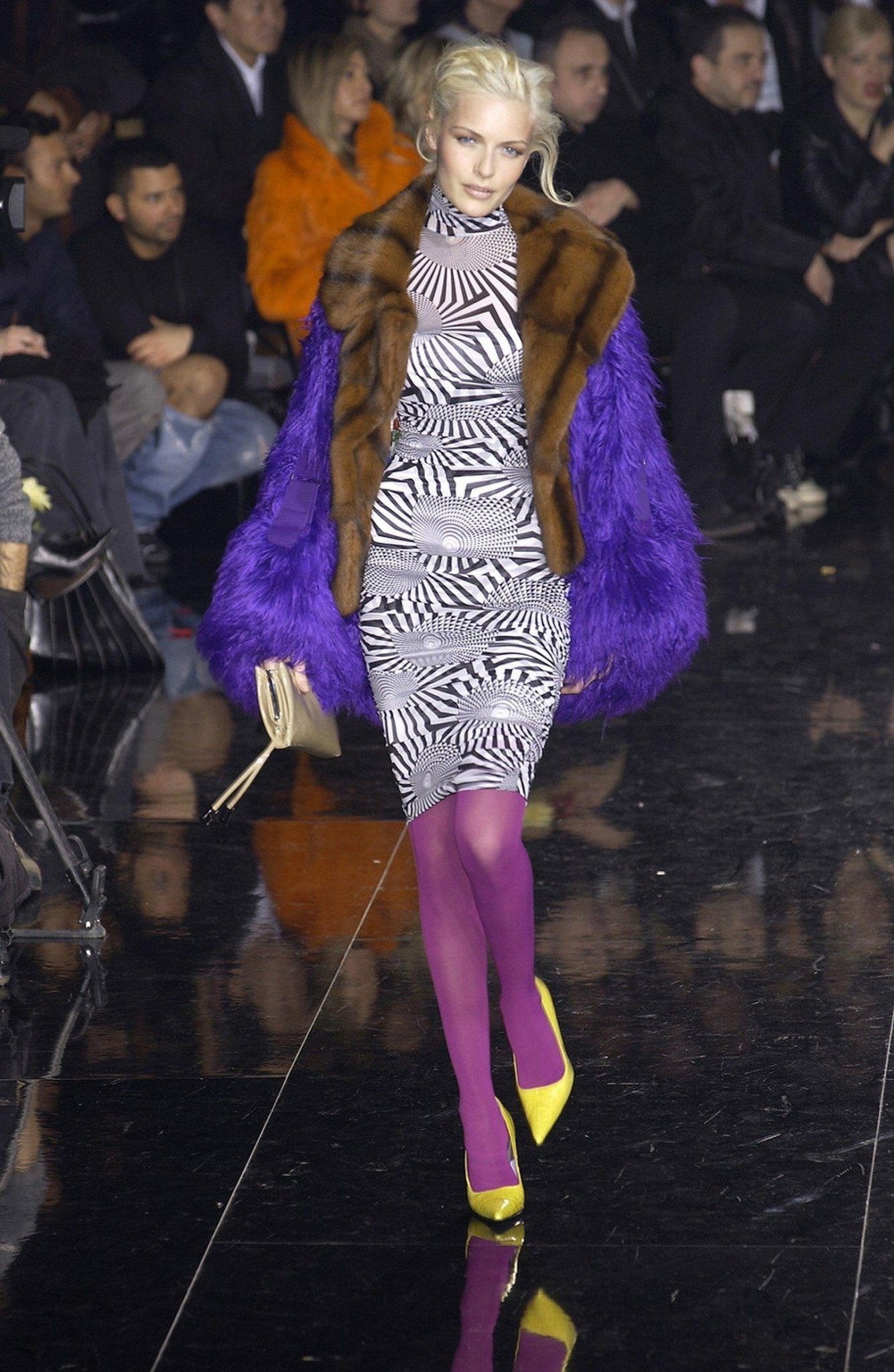 F/W 2003 Dolce & Gabbana Runway Sheer Black Blue Op Art Print Ruched Dress - RealList