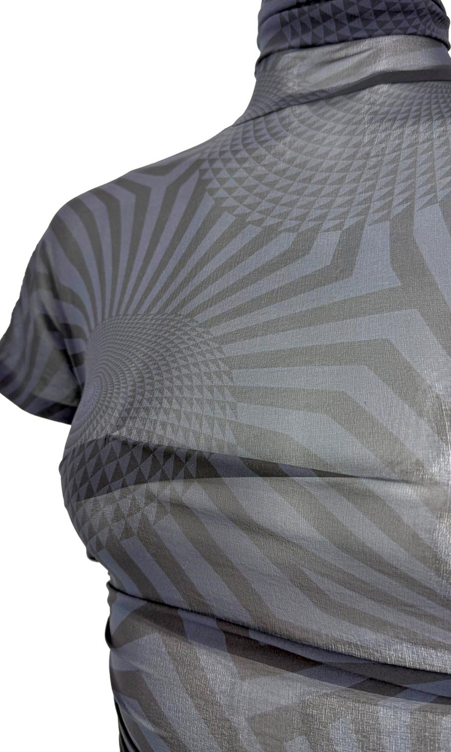 F/W 2003 Dolce & Gabbana Runway Sheer Black Blue Op Art Print Ruched Dress - RealList