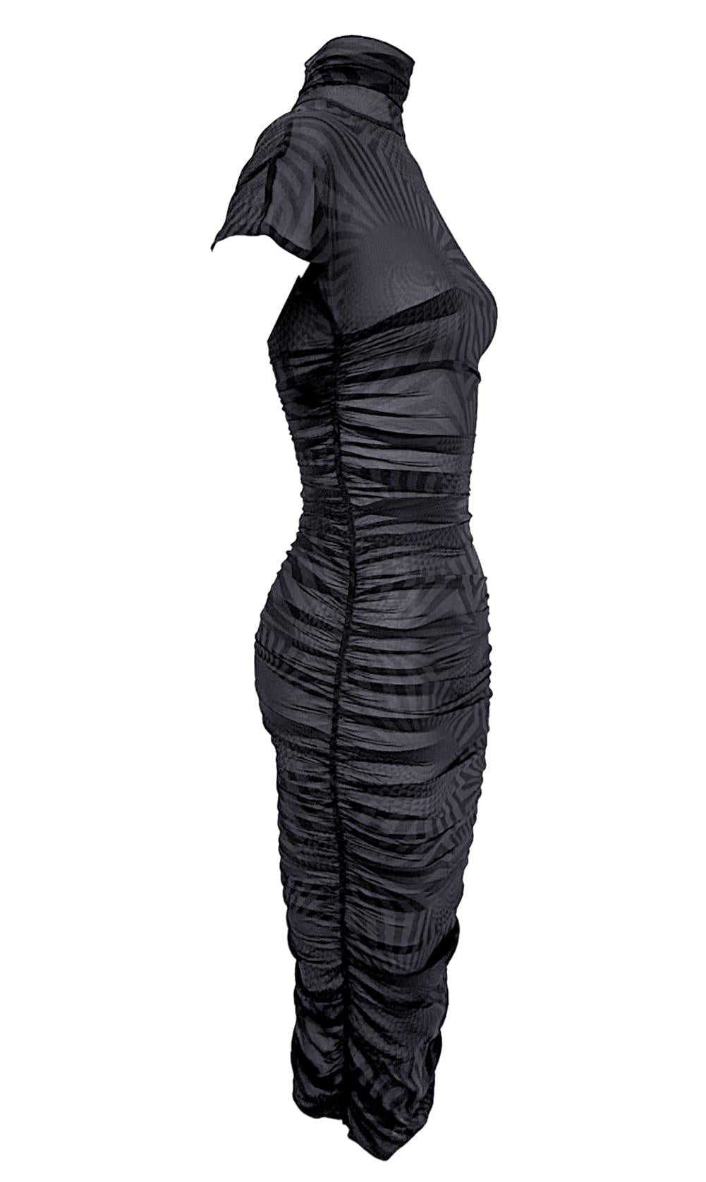 F/W 2003 Dolce & Gabbana Runway Sheer Black Blue Op Art Print Ruched Dress - RealList