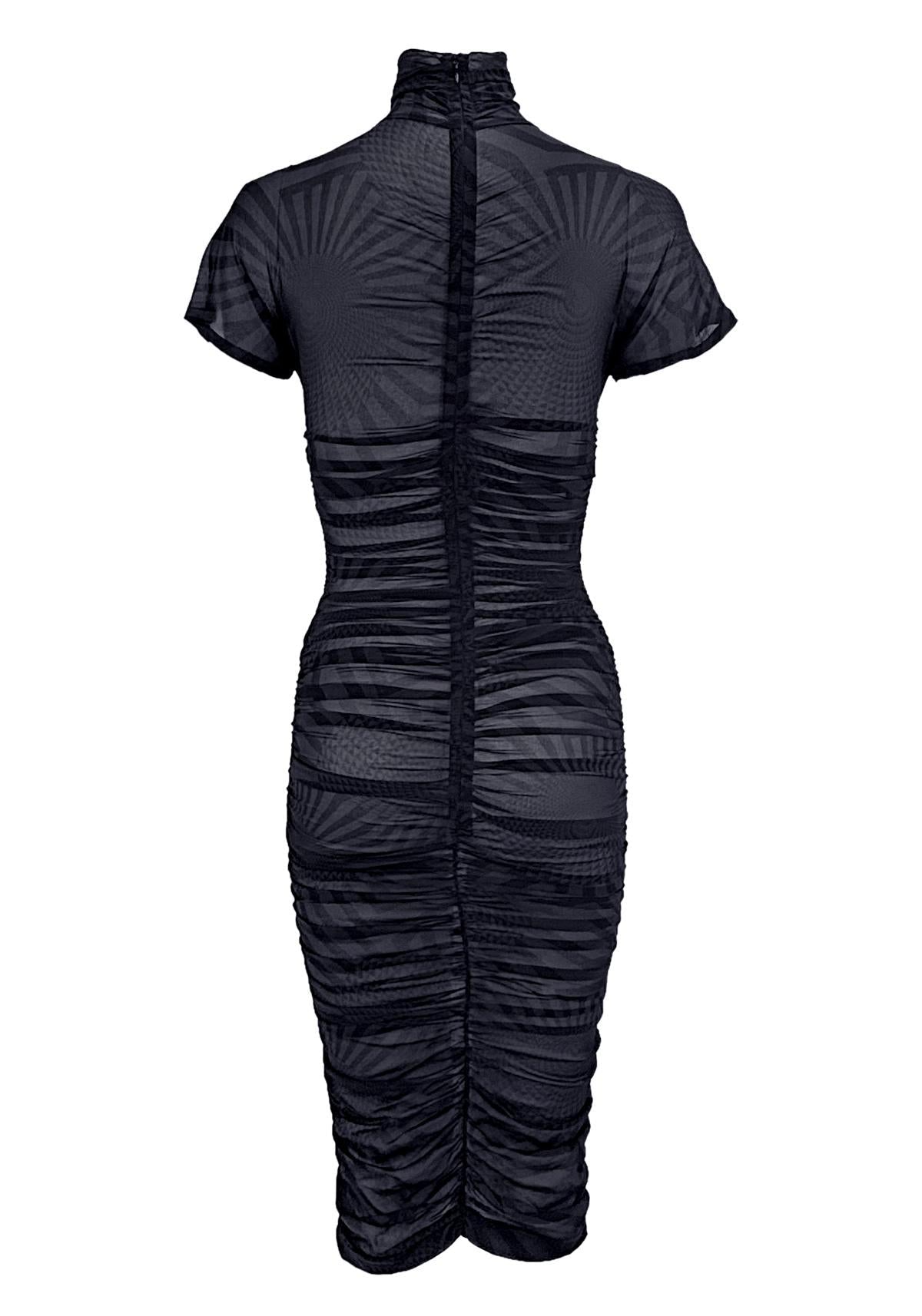 F/W 2003 Dolce & Gabbana Runway Sheer Black Blue Op Art Print Ruched Dress - RealList