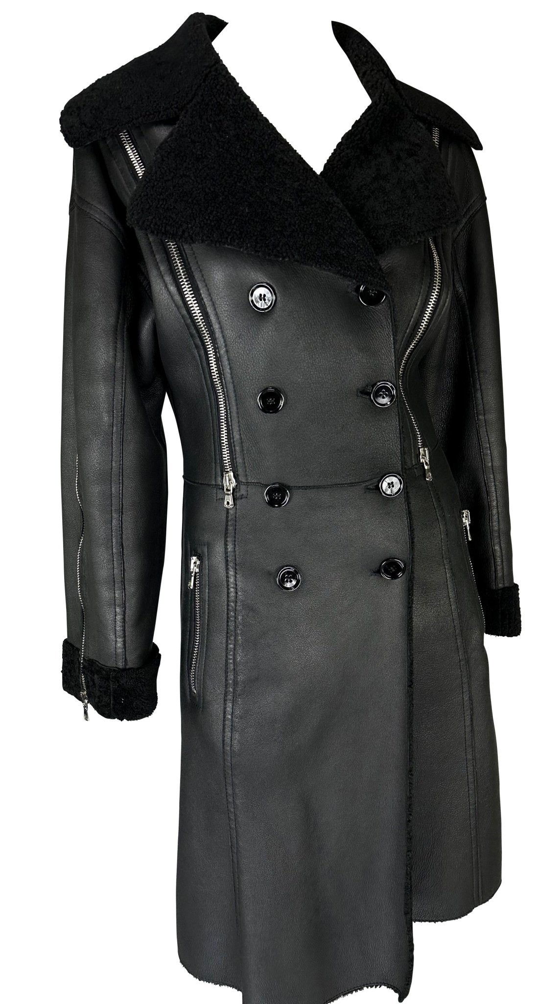 F/W 2003 Dolce & Gabbana Shearling Lined Black Leather Adjustable Zip Coat - RealList