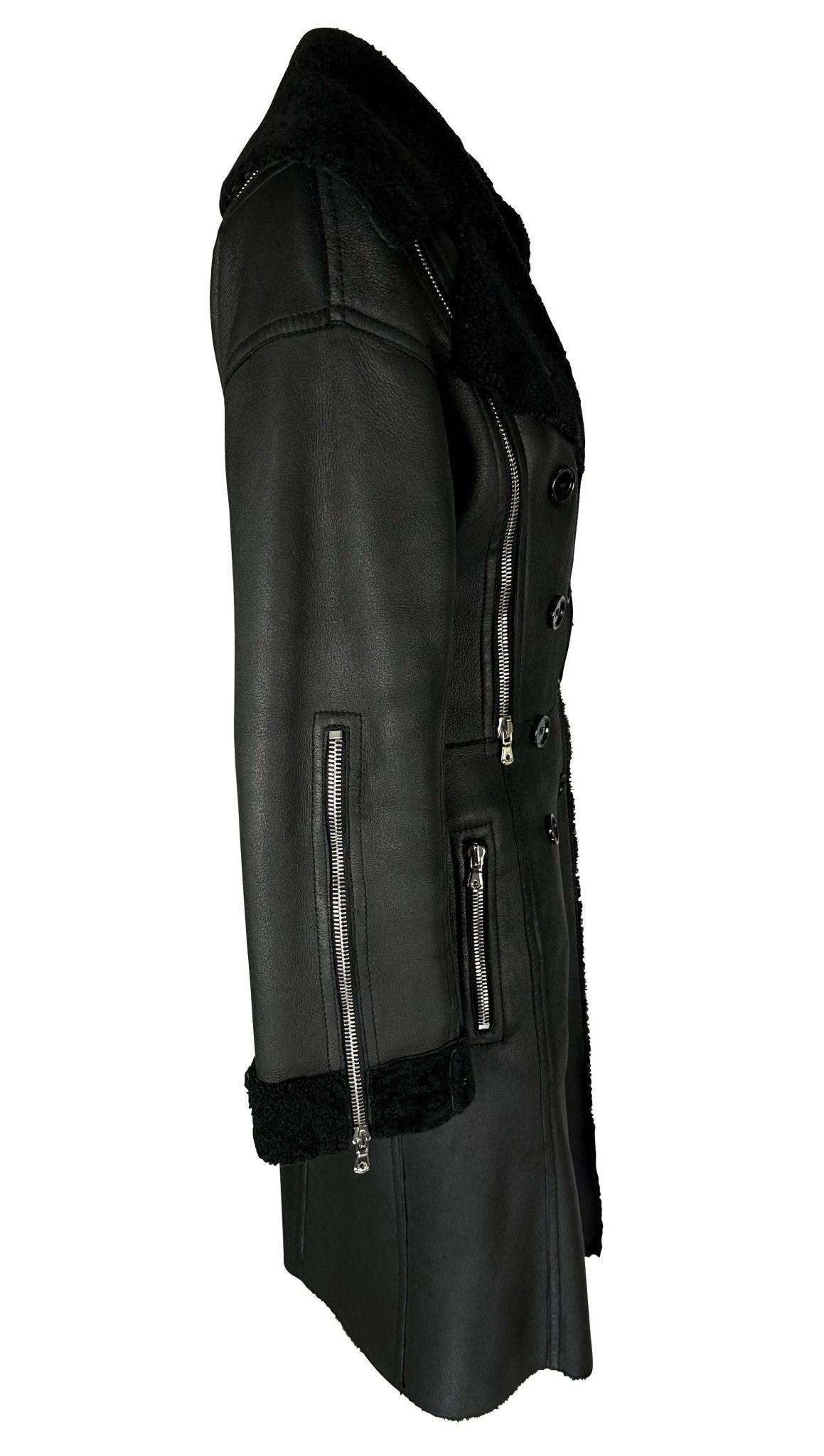 F/W 2003 Dolce & Gabbana Shearling Lined Black Leather Adjustable Zip Coat - RealList