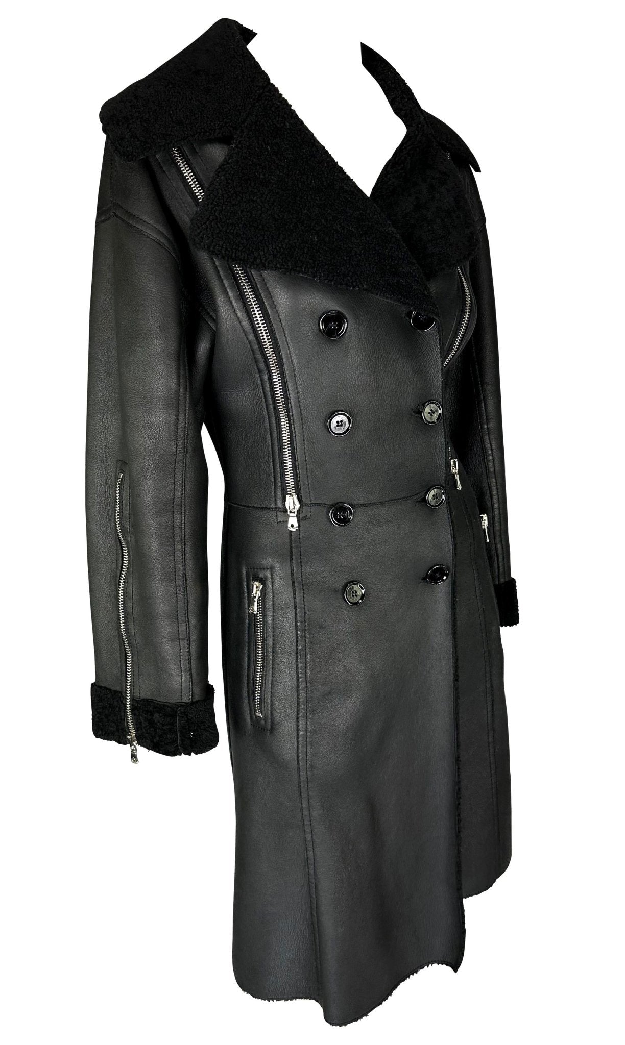 F/W 2003 Dolce & Gabbana Shearling Lined Black Leather Adjustable Zip Coat - RealList