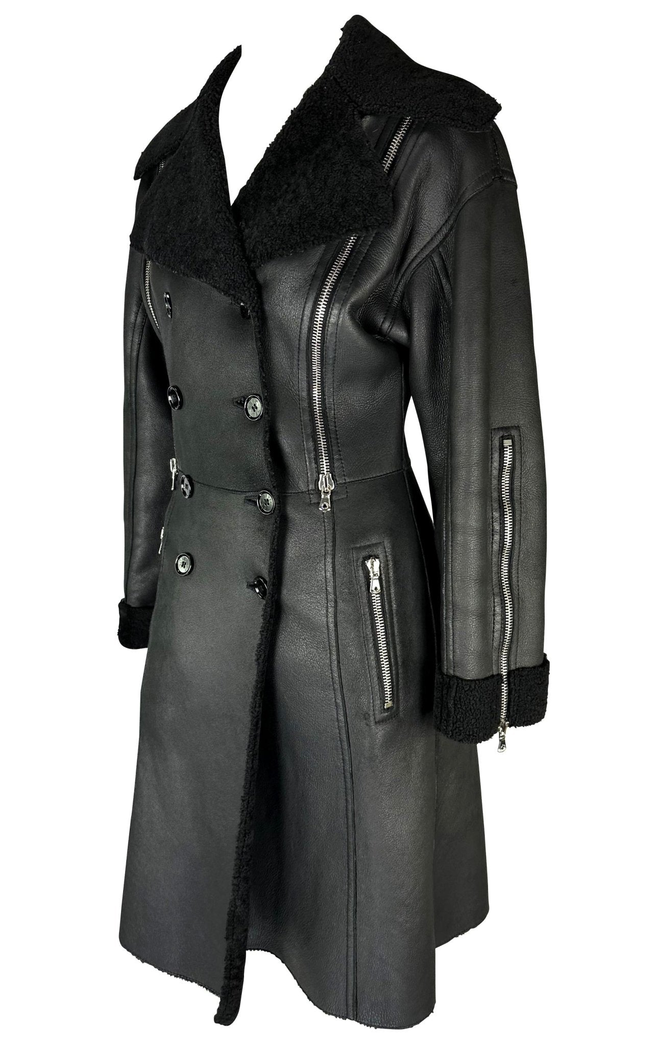 F/W 2003 Dolce & Gabbana Shearling Lined Black Leather Adjustable Zip Coat - RealList