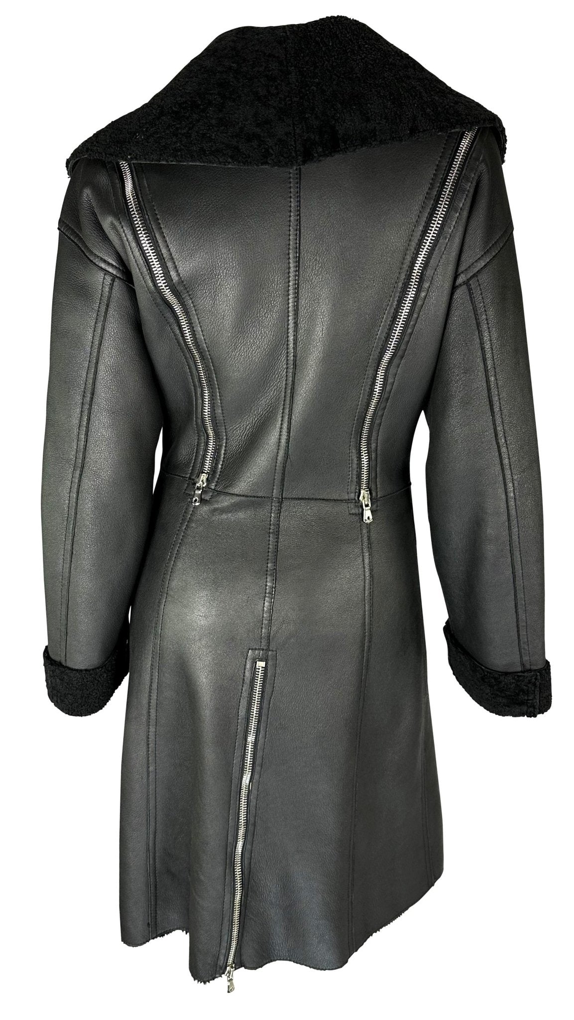 F/W 2003 Dolce & Gabbana Shearling Lined Black Leather Adjustable Zip Coat - RealList
