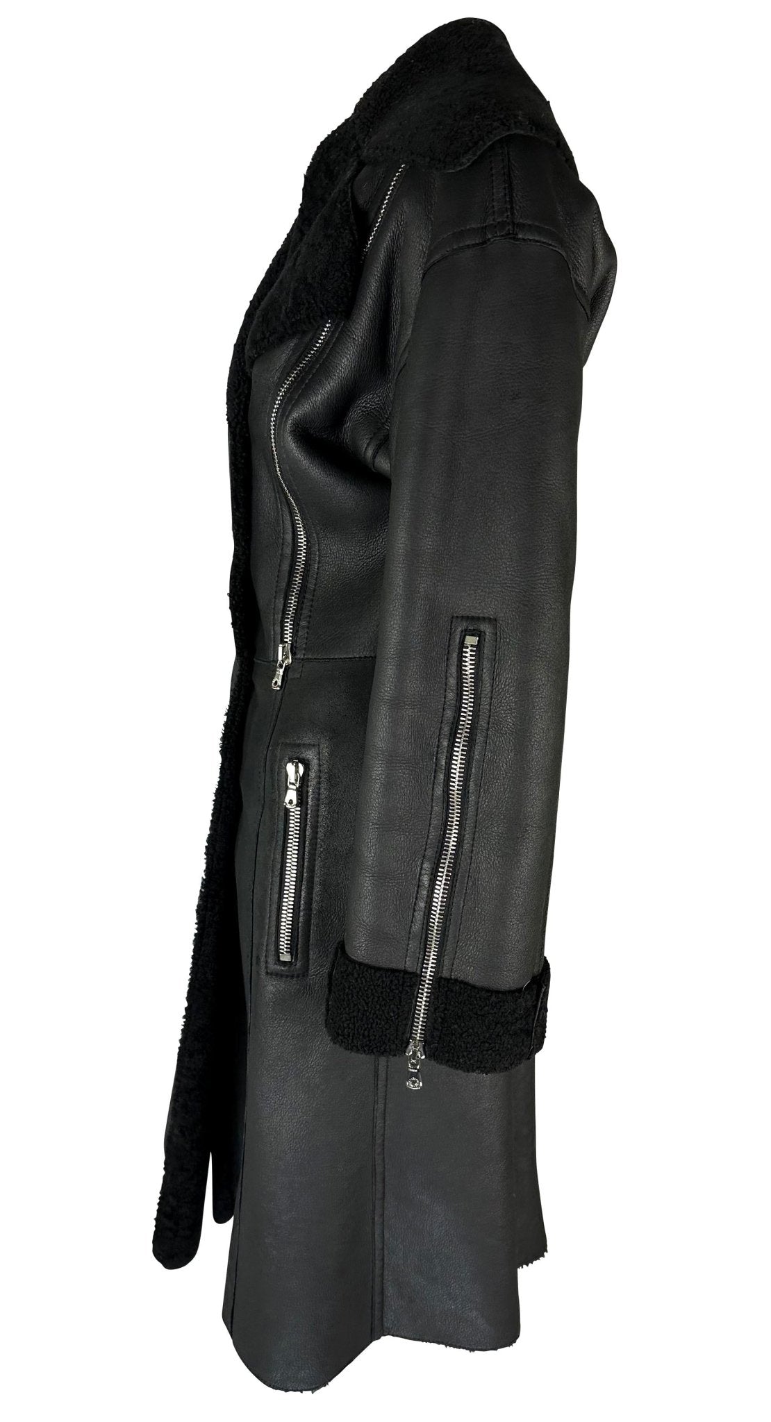 F/W 2003 Dolce & Gabbana Shearling Lined Black Leather Adjustable Zip Coat - RealList