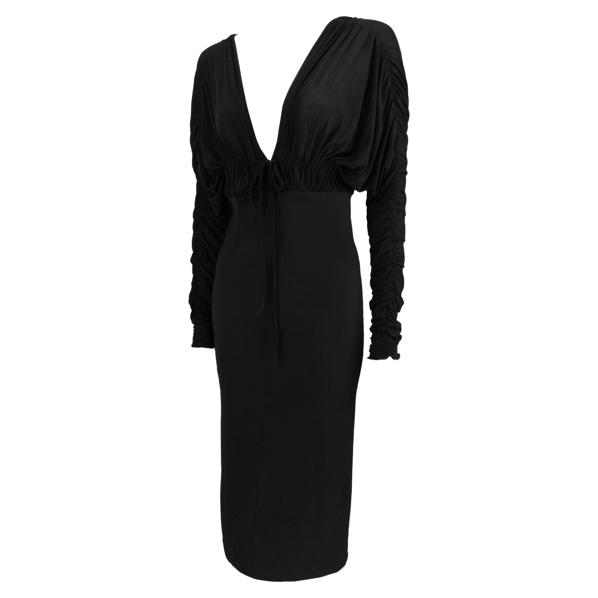 F/W 2003 Gianfranco Ferré Runway Plunging Black Bodycon Long Sleeve Cocktail Dress - RealList