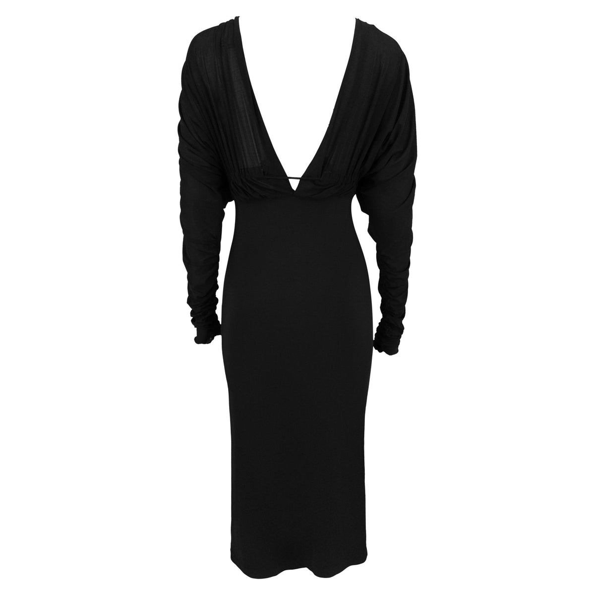 F/W 2003 Gianfranco Ferré Runway Plunging Black Bodycon Long Sleeve Cocktail Dress - RealList